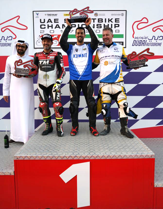 Kuwait's Bassel Salem Al-Sabah Motor Racing Club member Fahad Al-Gharabally winner of UAE's Super Bike 600cc category semi-final