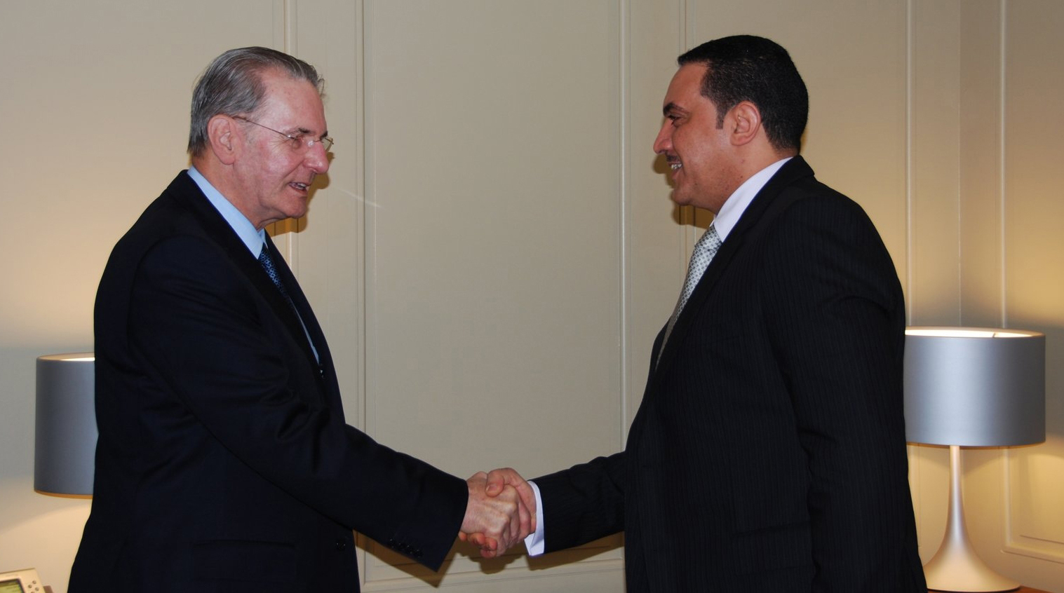 Minister of Communications and Acting Minister of Social Affairs and Labor Salem Al-Utheina meets with the International Olympic Committee President Jacques Rogge