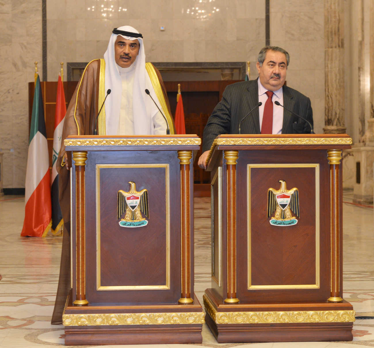 Kuwaiti Deputy Prime Minister and Foreign Minister Sheikh Sabah Al-Khaled Al-Hamad Al-Sabah in the joint press conference with Iraqi Foreign Minister Hoshyar Zebari