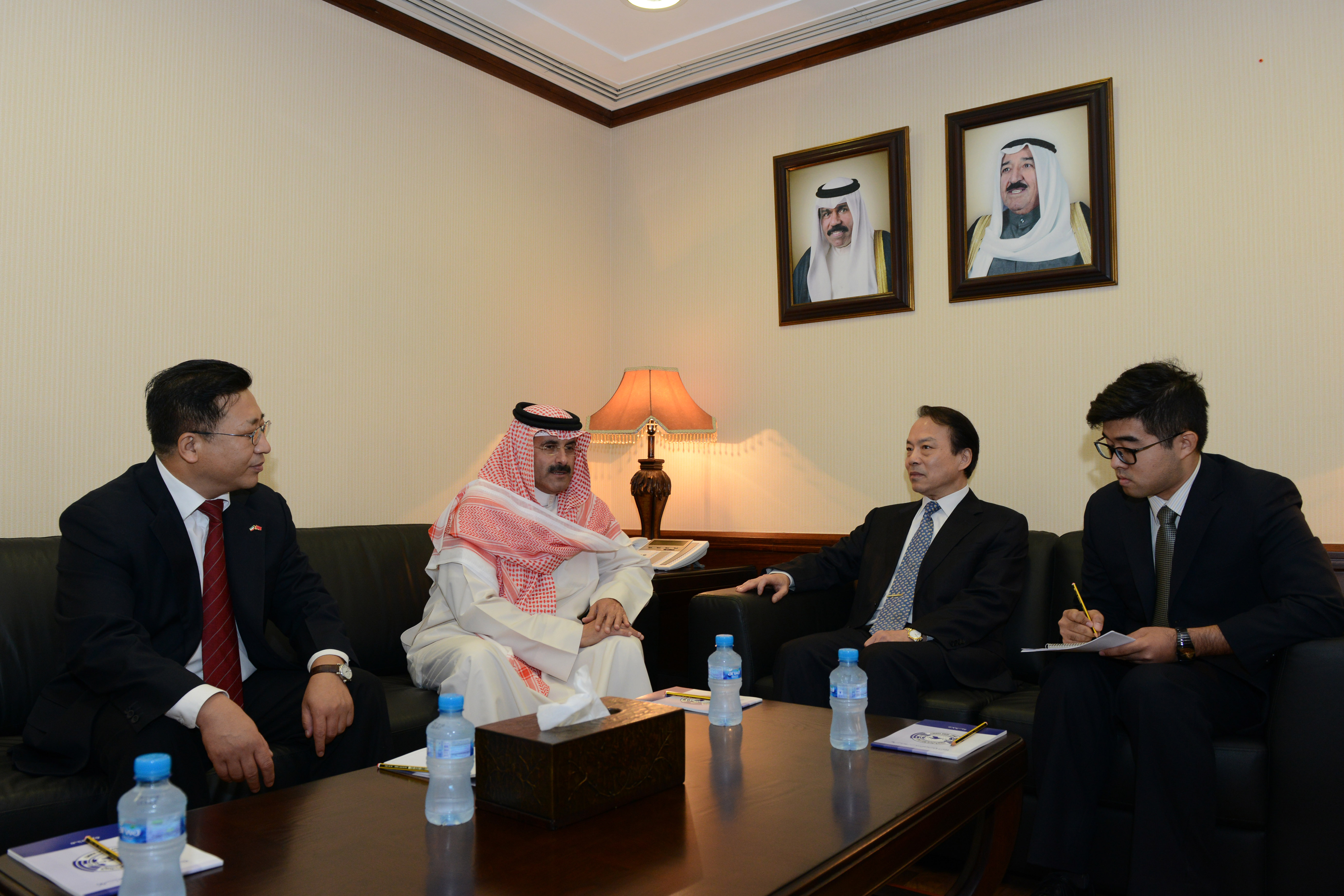 KUNA's Board Chairman and Director General Sheikh Mubarak Al-Duaij Al-Ibrahim Al-Sabah during his meeting with Xinhua Editor in Chief He Ping