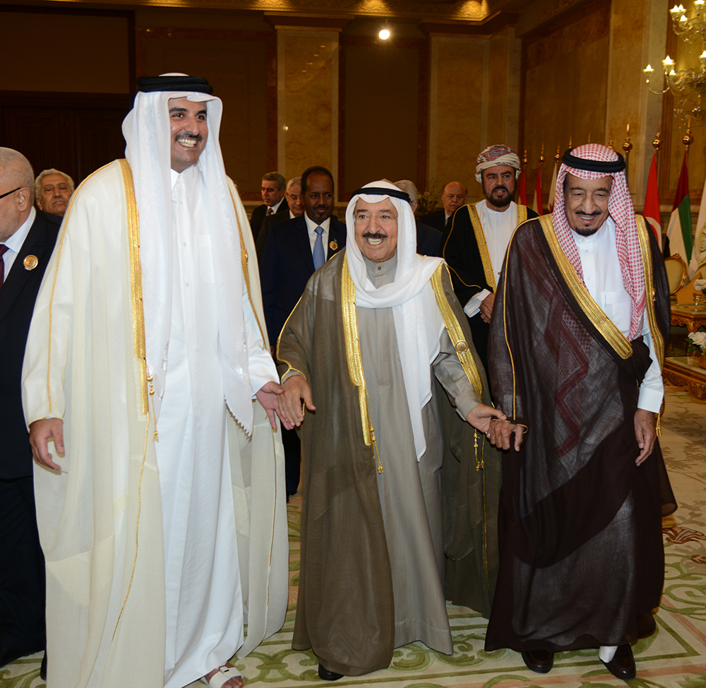 His Highness the Amir Sheikh Sabah Al-Ahmad Al-Jaber Al-Sabah with Qatari Amir Sheikh Tamim bin Hamad Al-Thani and Saudi Crown Prince, Deputy Prime Minister and Defense Minister Salman bin Abdulaziz Al-Saud