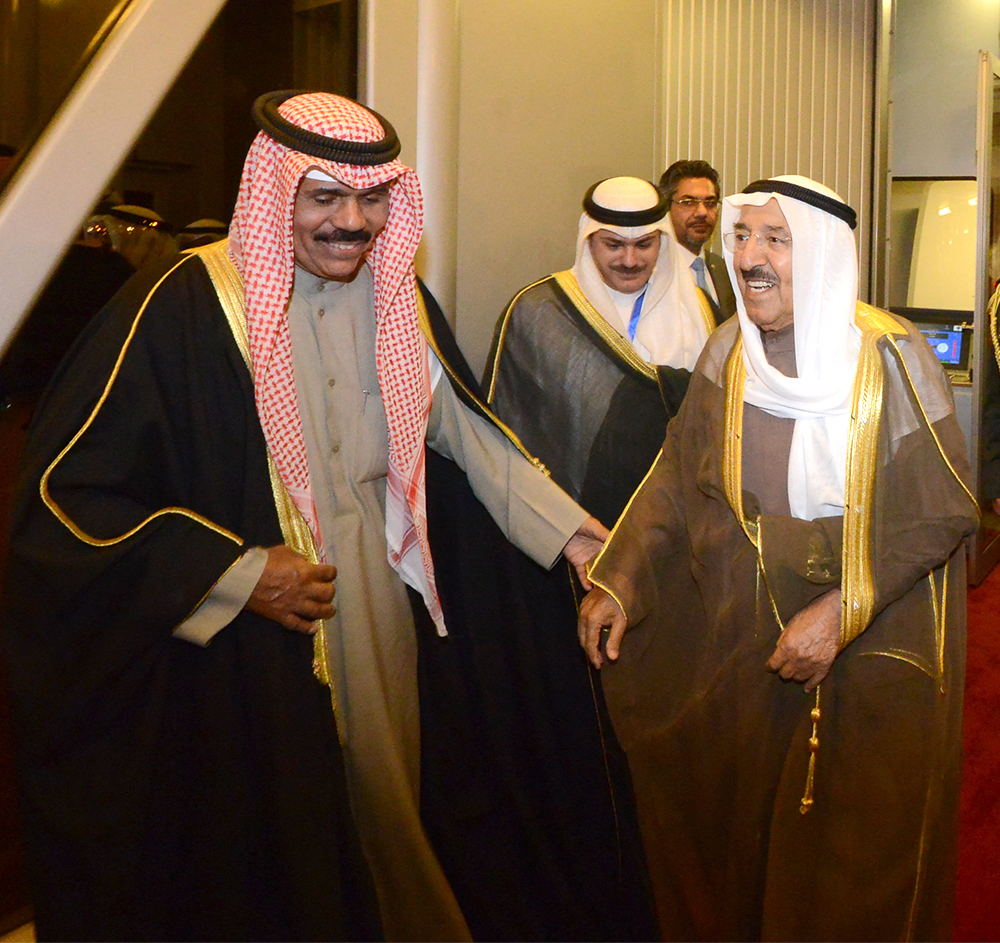 His Highness the Amir Sheikh Sabah Al-Ahmad Al-Jaber Al-Sabah welcomed by His Highness the Crown Prince Sheikh Nawaf Al-Ahmad Al-Jaber Al-Sabah