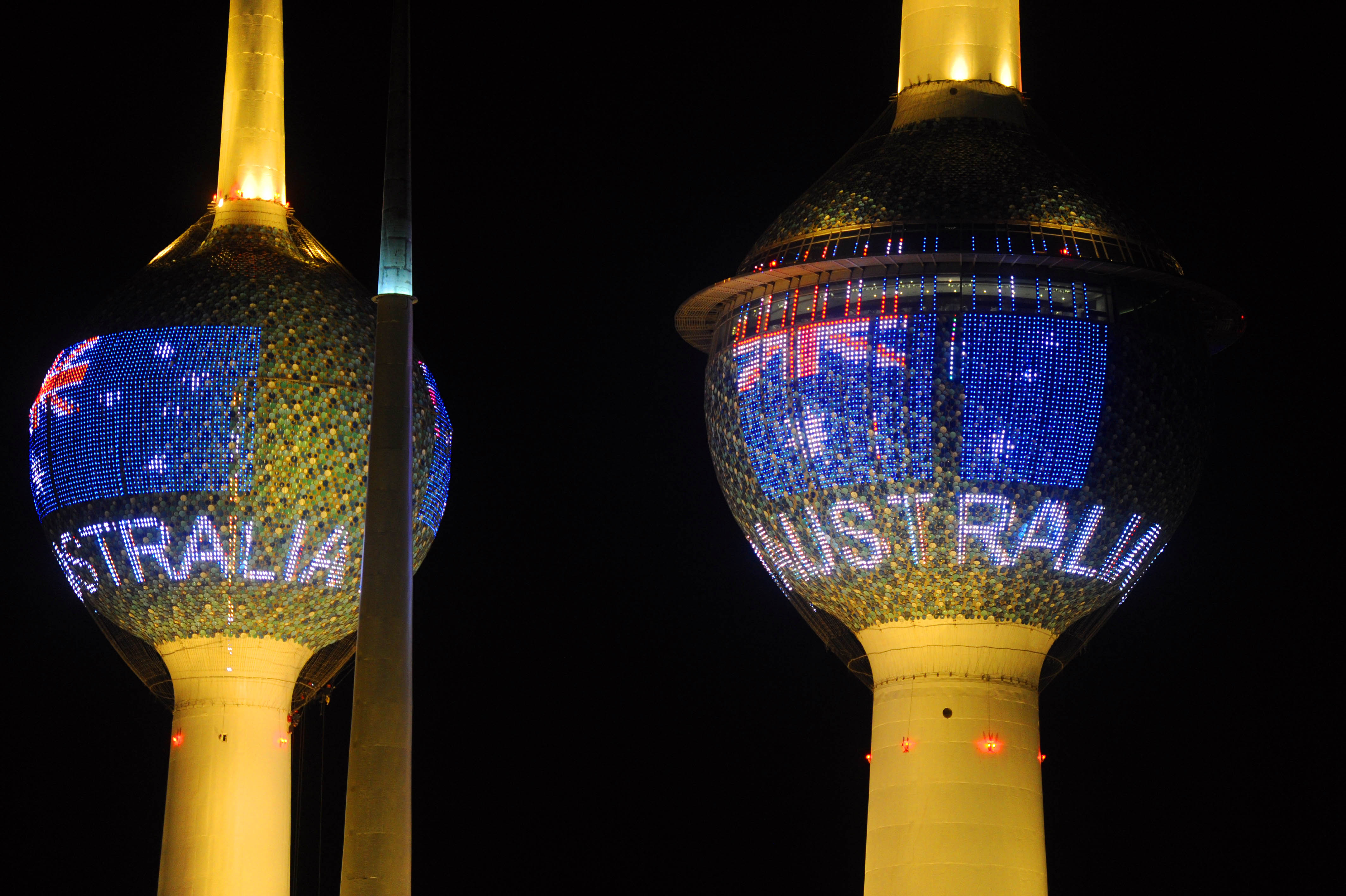 Kuwait Towers gleam with Australia Flag on National Day 