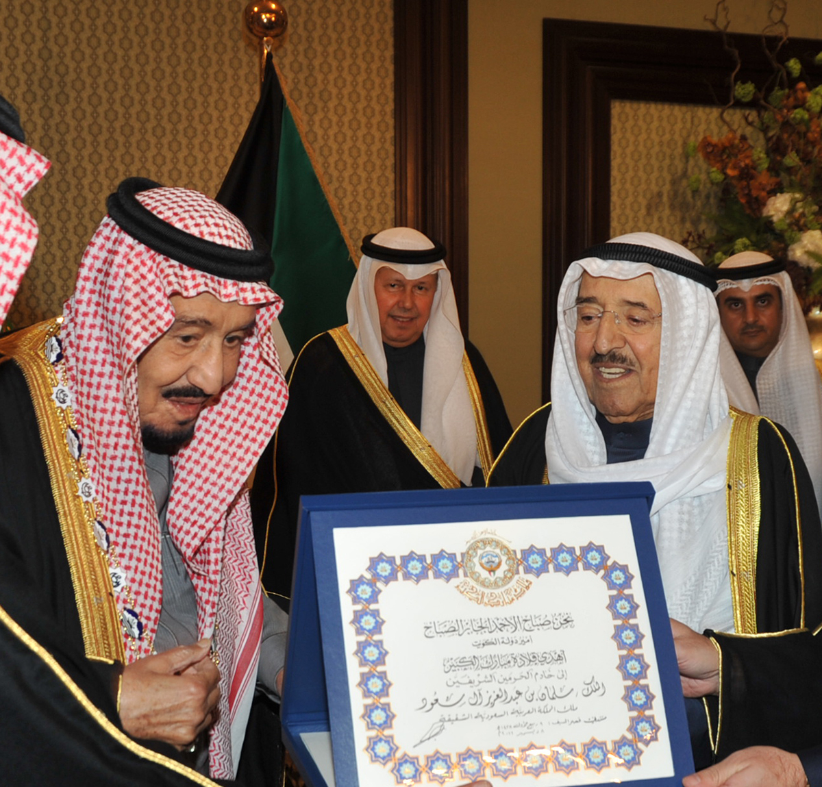 His Highness the Amir Sheikh Sabah Al-Ahmad Jaber Al-Sabah confers Saudi King Salman Nin Abdulaziz Al-Saud with the Order of Mubarak Al-Kabir and Order of Kuwait, the most prestigious Kuwaiti medals