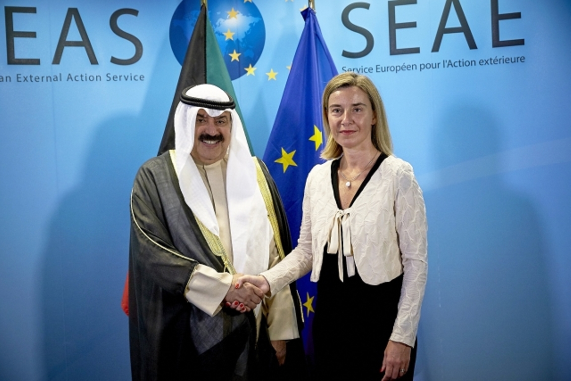 EU High Representative Federica Mogherini during meeting with Kuwaiti Deputy Foreign Minister Khaled Al-Jarallah