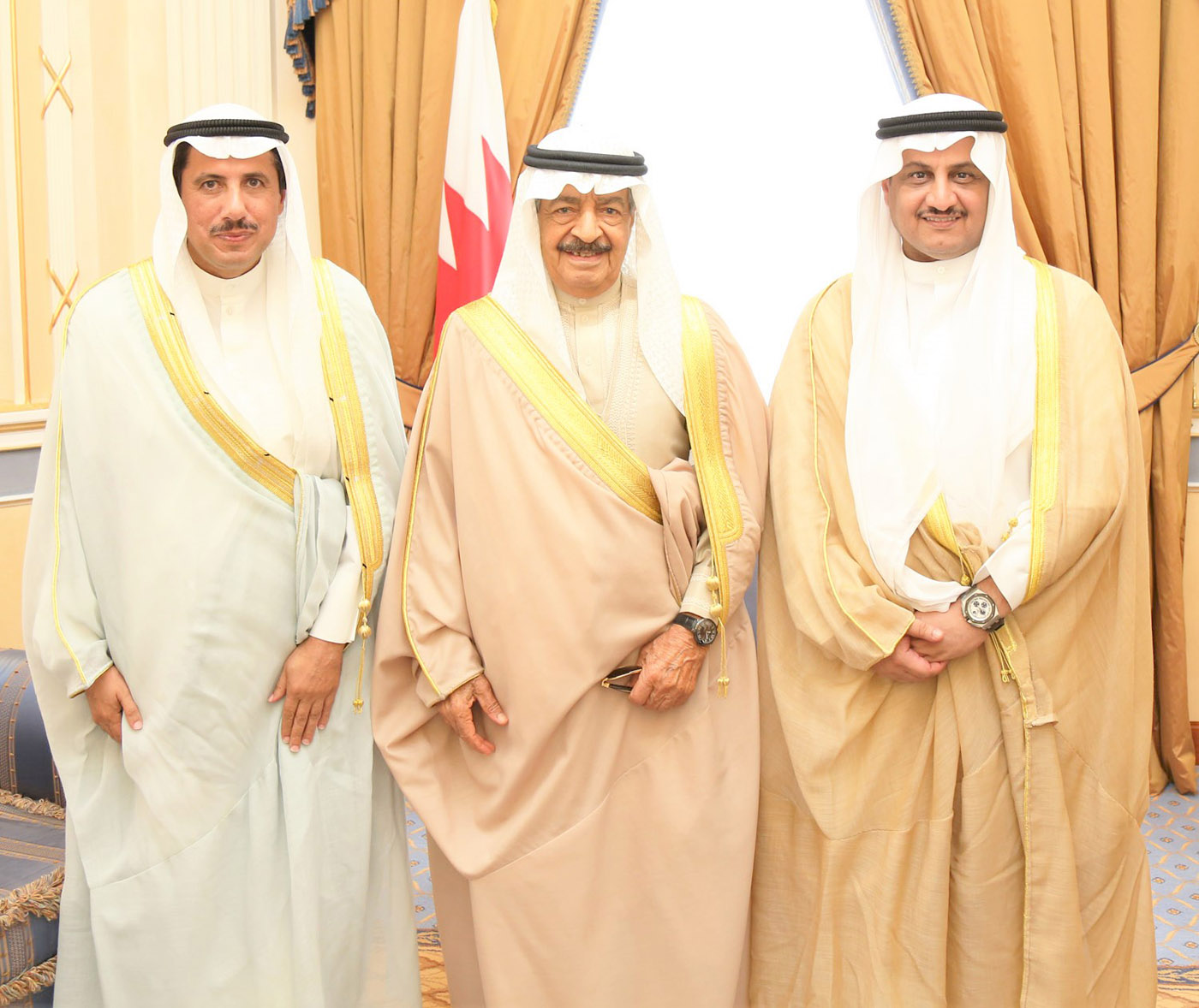 Bahraini Prime Minister Prince Khalifa bin Salman Al-Khalifa meets with the Dean of the Diplomatic Corps and Kuwaiti Ambassador to Bahrain Sheikh Azzam Al-Sabah and  Kuwaiti Businessman Luai Al-Kharafi