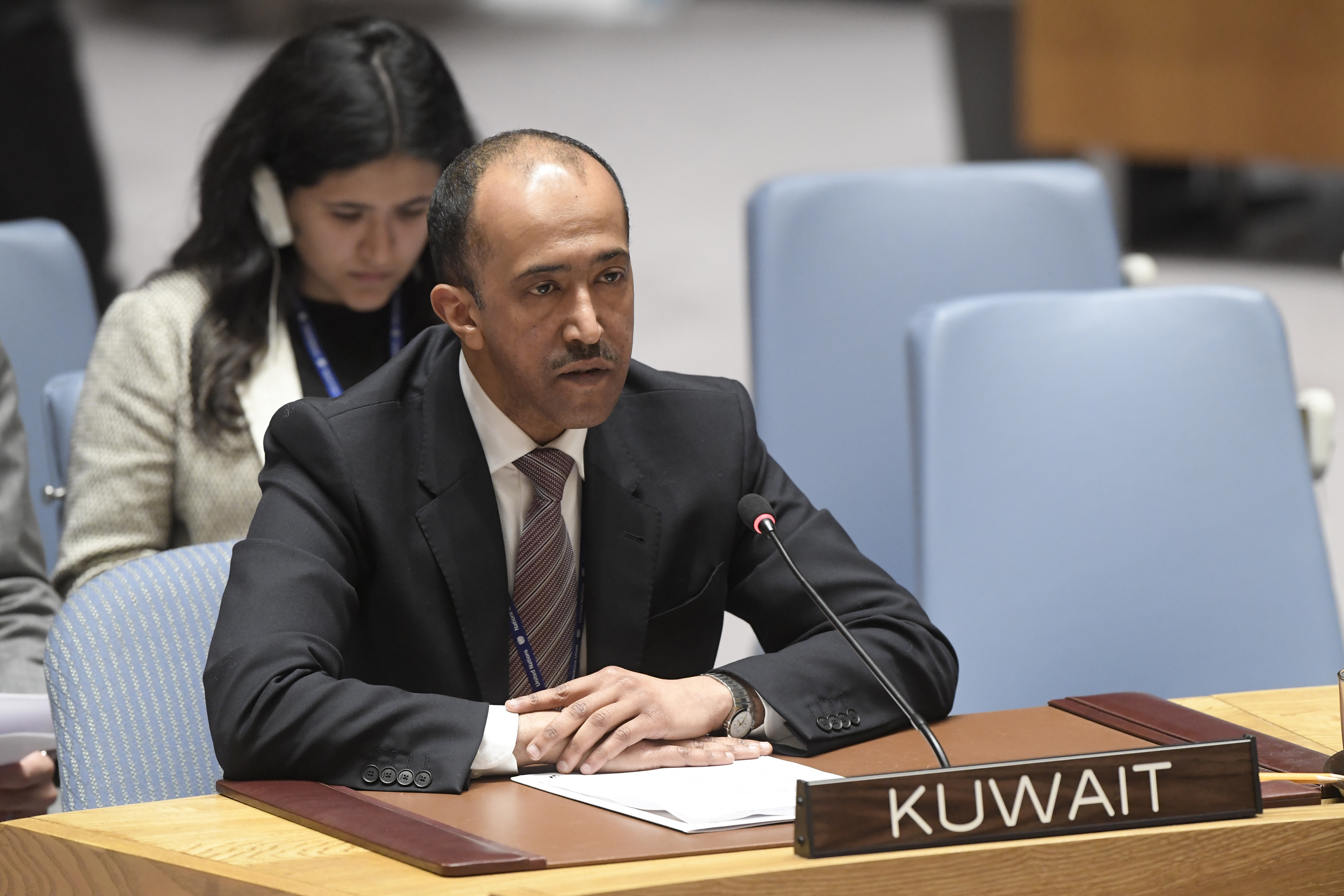 Deputy Permanent Representative of Kuwait to the UN Bader Al-Menakh Speaking at a UN Security Council meeting