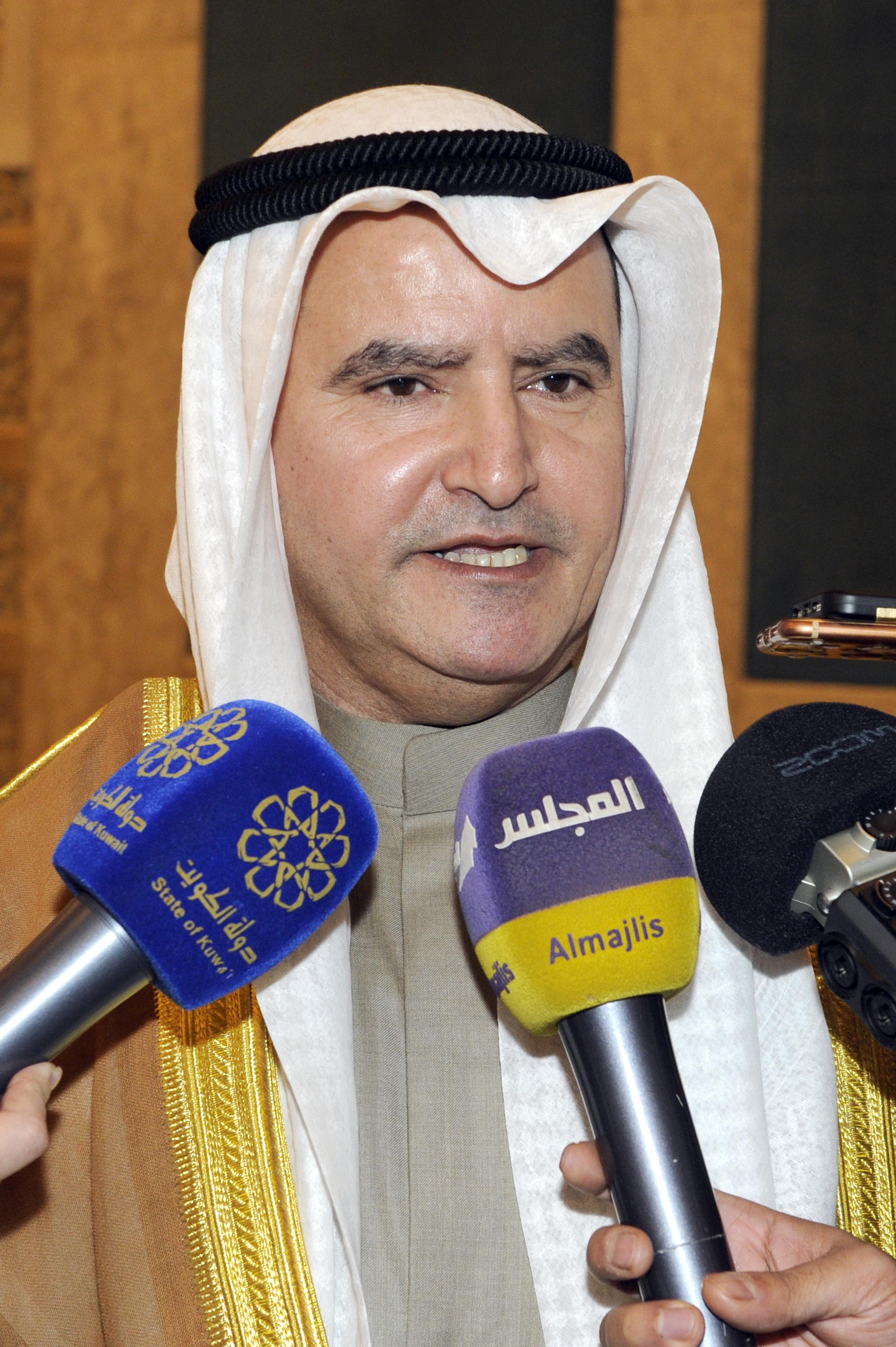 Kuwaiti Minister of Oil and Minister of Water and Electricity Essam Al-Marzouq speaking to the press