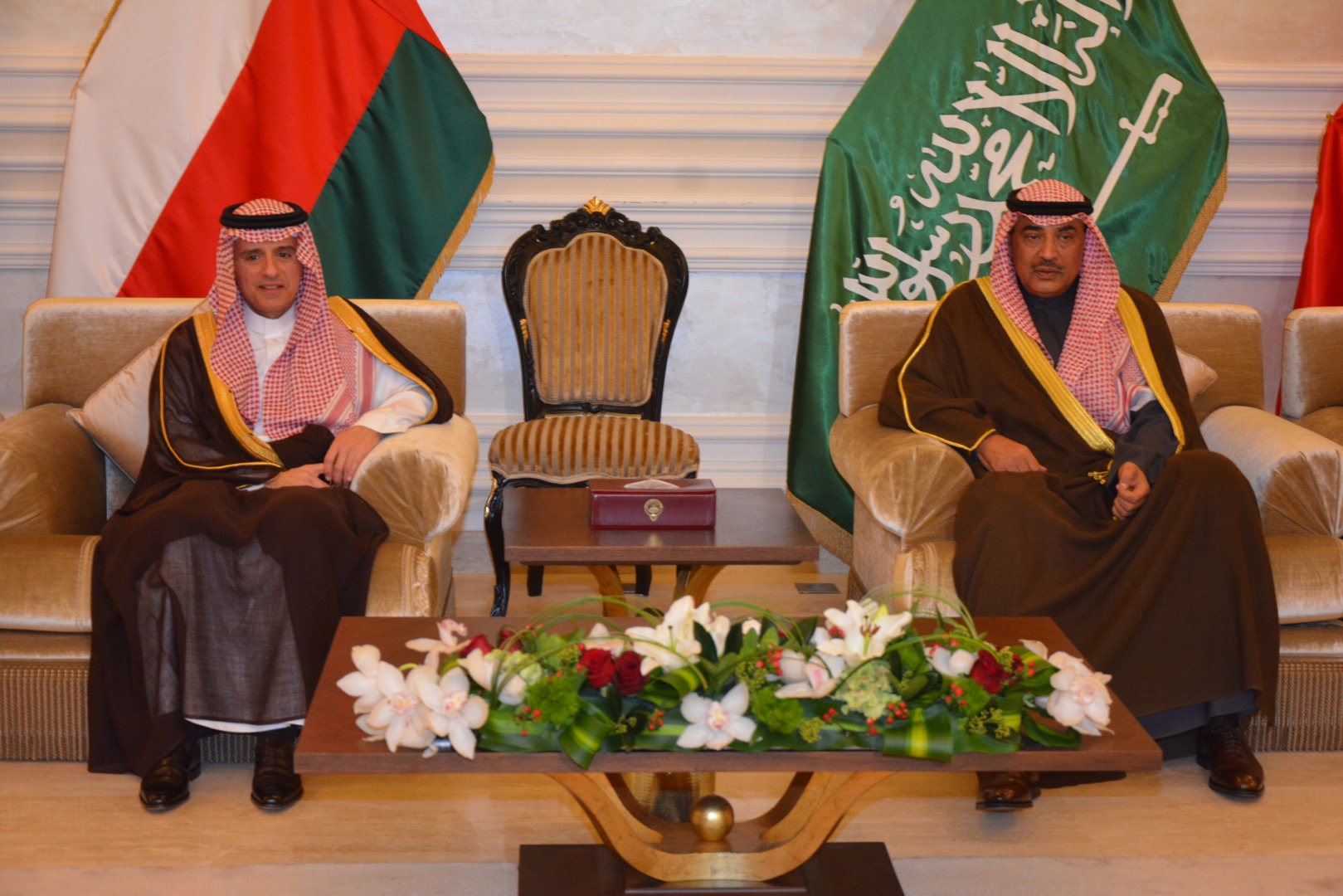 First Deputy Prime Minister and Minister Foreign Affairs Sheikh Sabah Al-Khaled Al-Hamad Al-Sabah receives Saudi Foreign Minister Adel Al-Jubeir