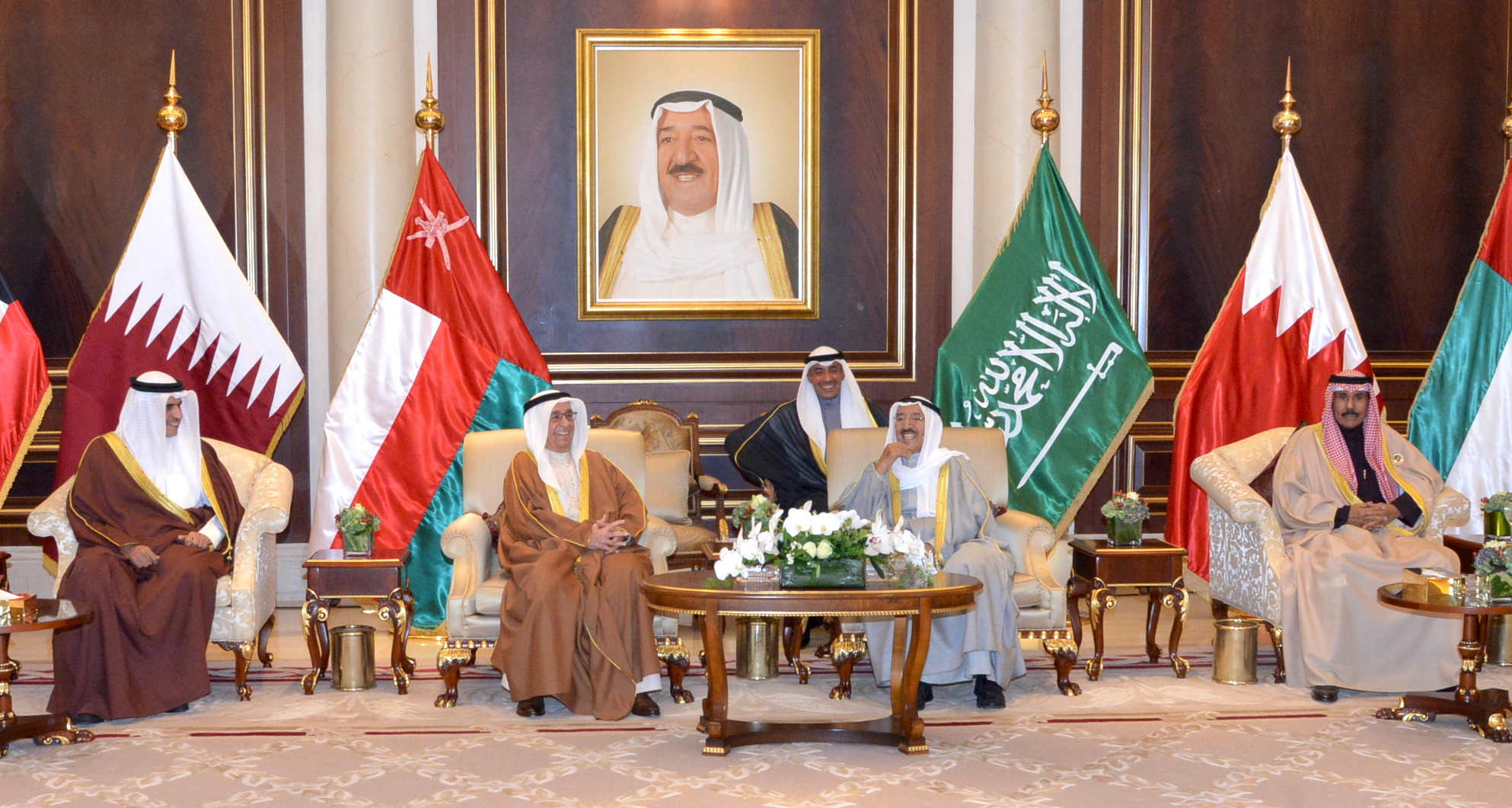 His Highness the Amir Sheikh Sabah Al-Ahmad Al-Jaber Al-Sabah receives in the attendance of His Highness the Crown Prince Sheikh Nawaf Al-Ahmad Al-Jaber Al-Sabah Bahrain's chief delegate Deputy Prime Minister Sheikh Mohammad bin Mubarak Al-Khalifa