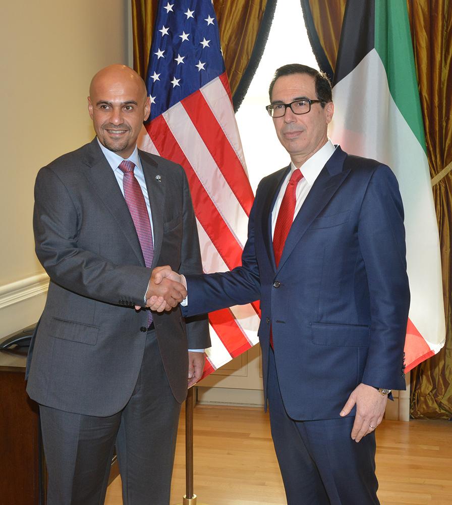 Kuwaiti Deputy Prime Minister and Minister of Finance Anas Al-Saleh meets with the US Secretary of the Treasury Steven Mnuchin