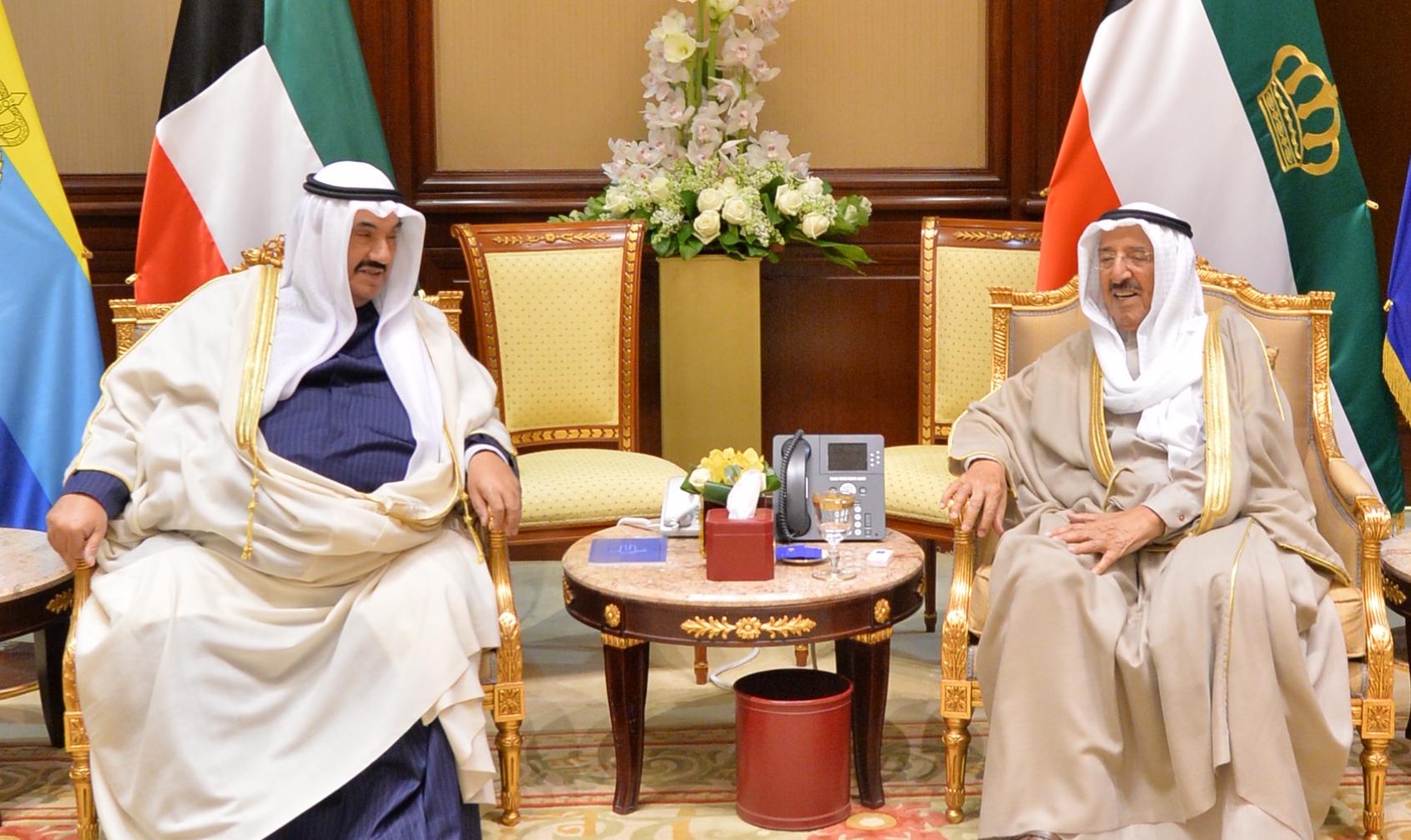 His Highness the Amir Sheikh Sabah Al-Ahmad Al-Jaber Al-Sabah receives His Highness Sheikh Naser Al-Mohammad Al-Ahmad Al-Sabah