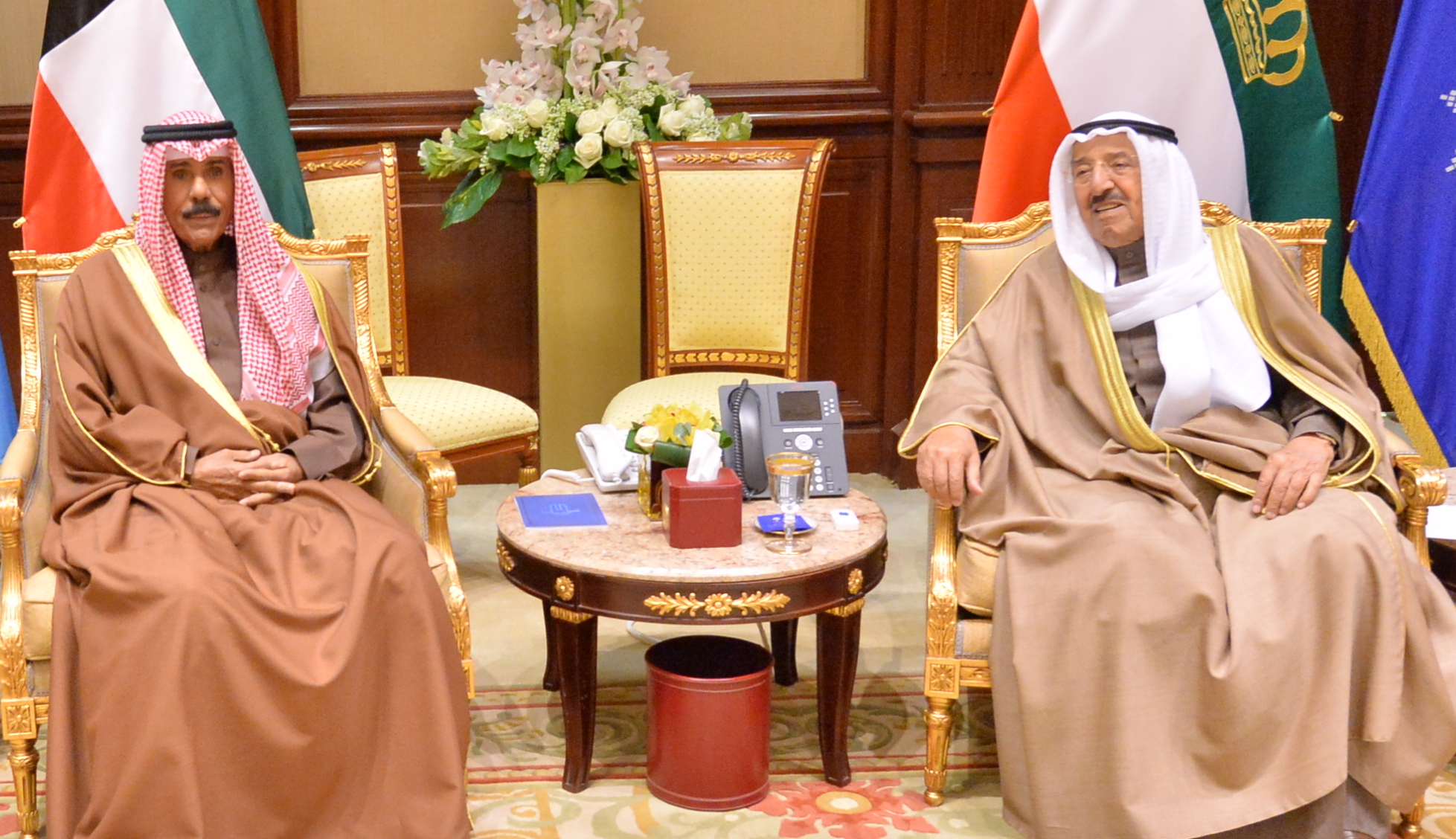 His Highness the Amir Sheikh Sabah Al-Ahmad Al-Jaber Al-Sabah receives His Highness the Crown Prince Sheikh Nawaf Al-Ahmad Al-Jaber Al-Sabah