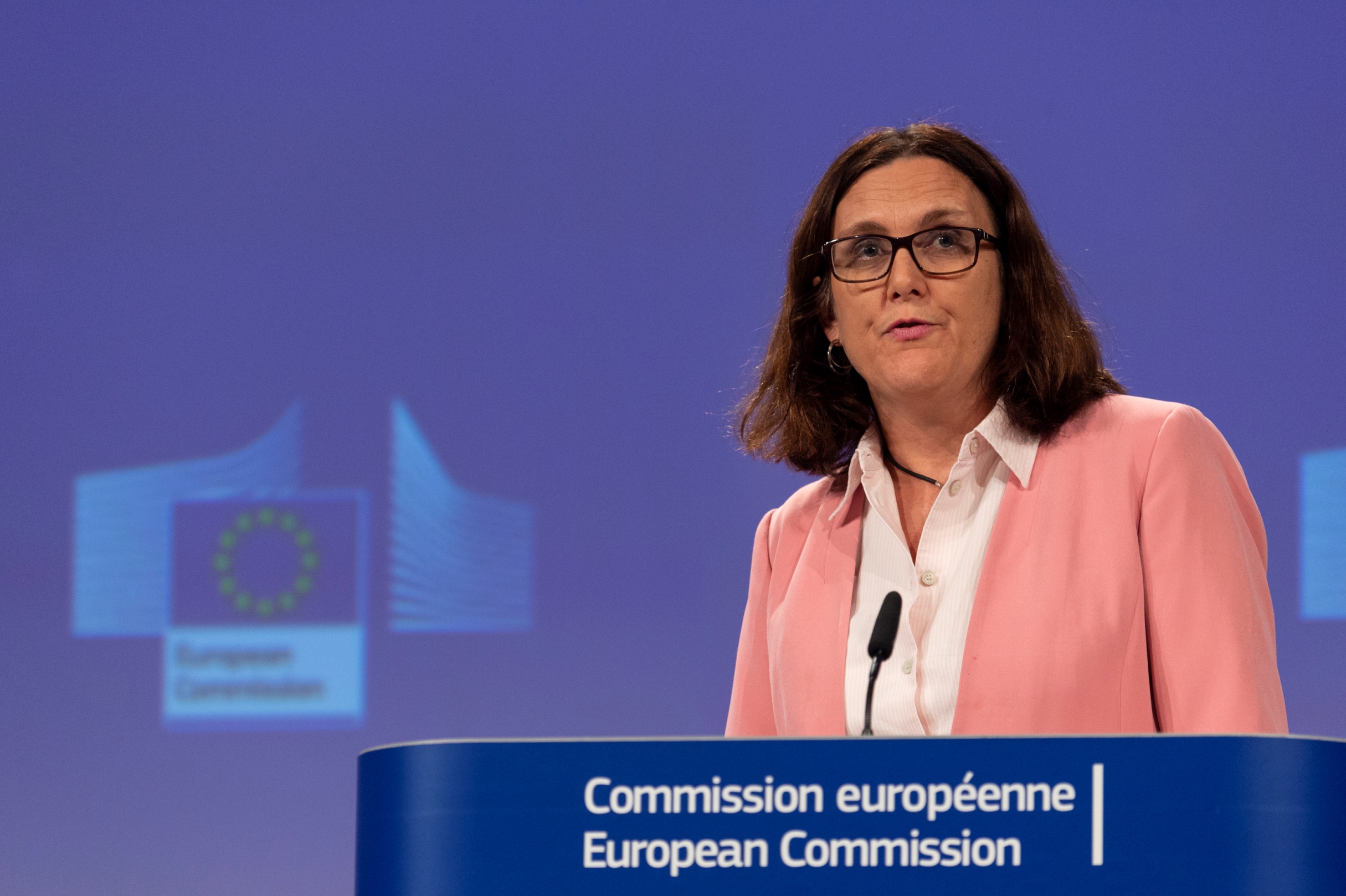 EU trade Commissioner  Cecilia Malmstrom speaking at the press conference 