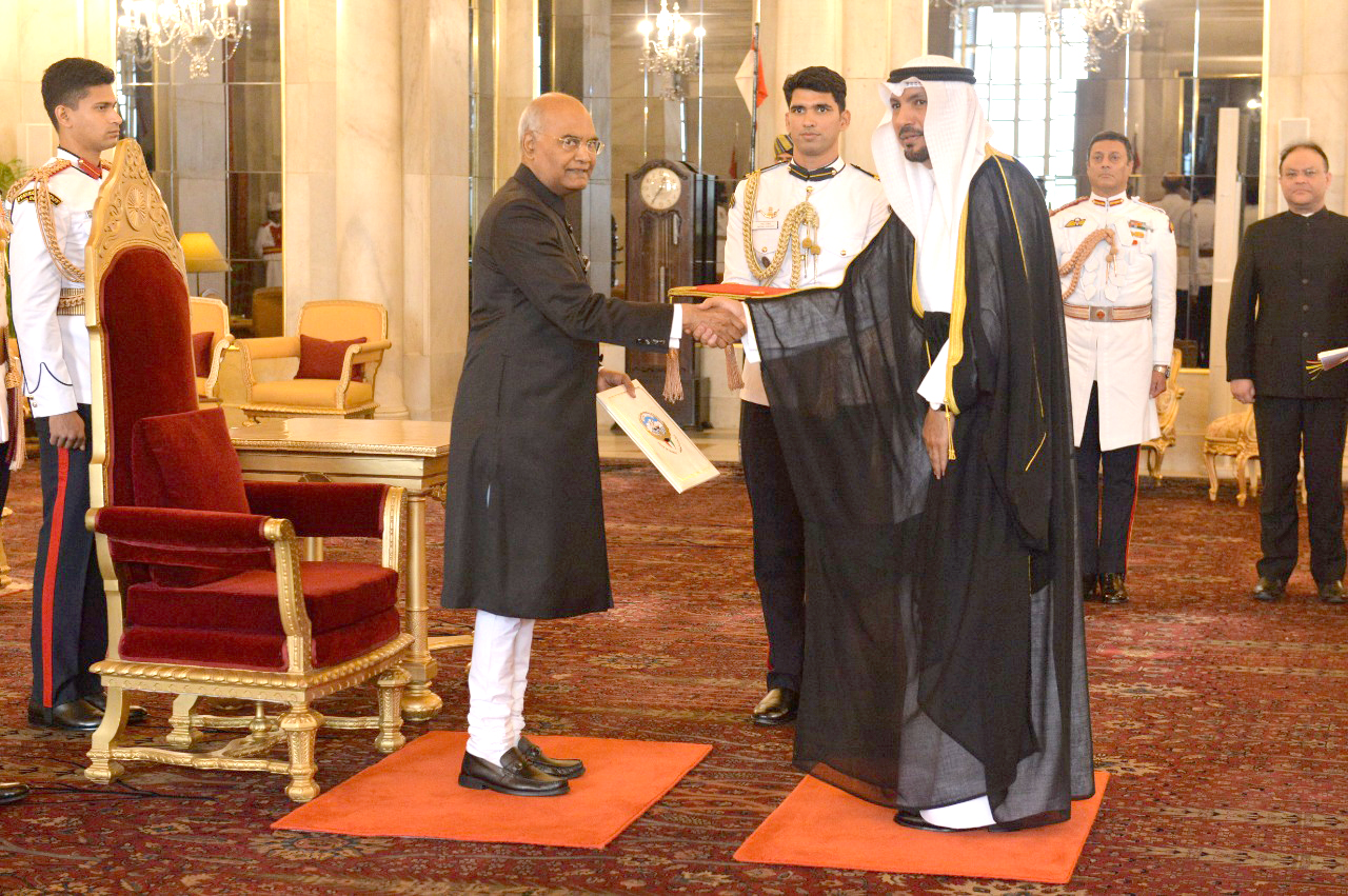 Kuwaiti Ambassador to India Jassem Al-Najem hands his credentials to the of Indian President Ram Nath Kovind