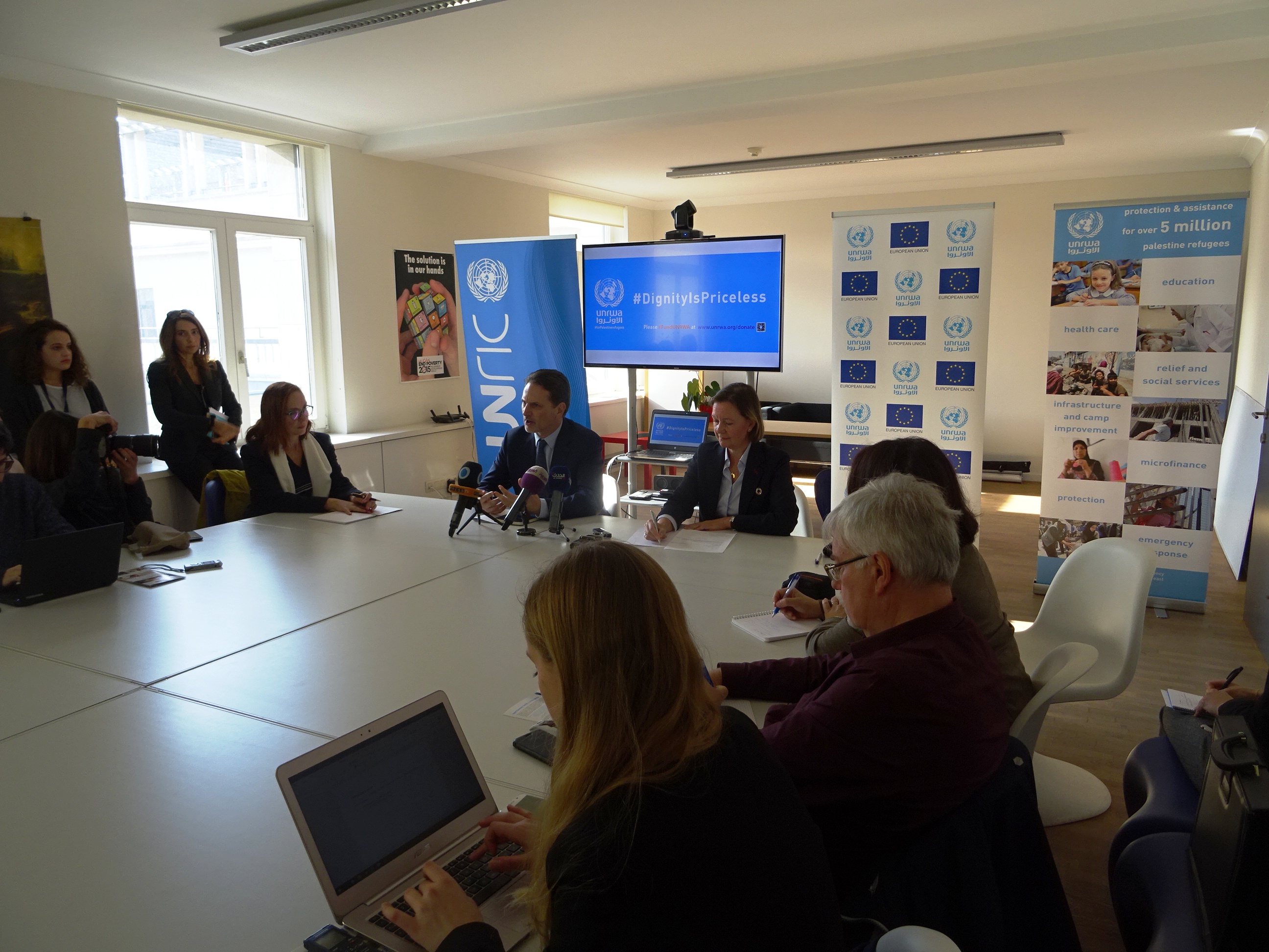 UNRWA Commissioner-General Pierre Krahenbuhl speaking at the press conference in Brussels