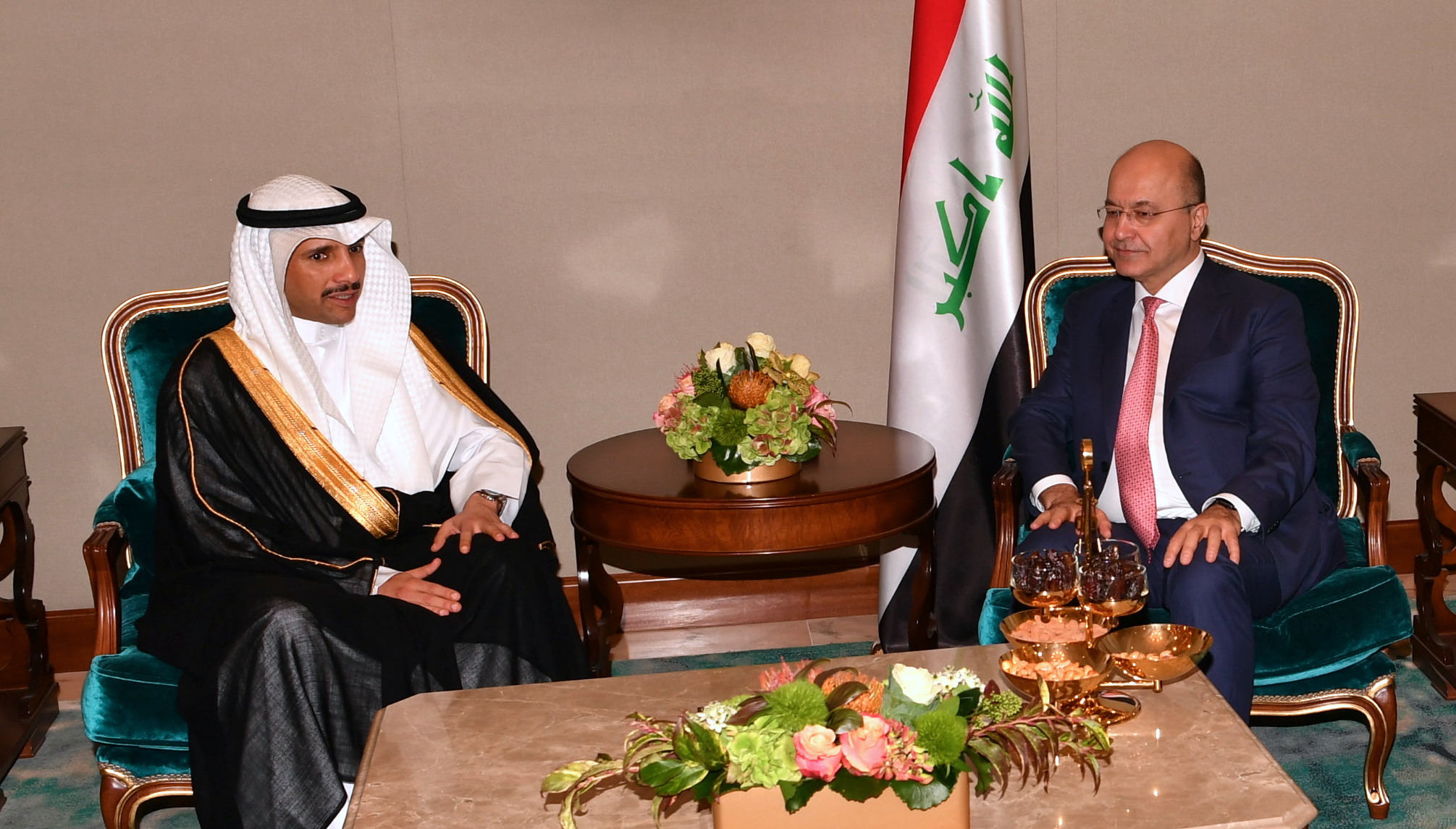 الرئيس العراقي الدكتور برهم أحمد صالح خلال استقباله رئيس مجلس الأمة مرزوق علي الغانم