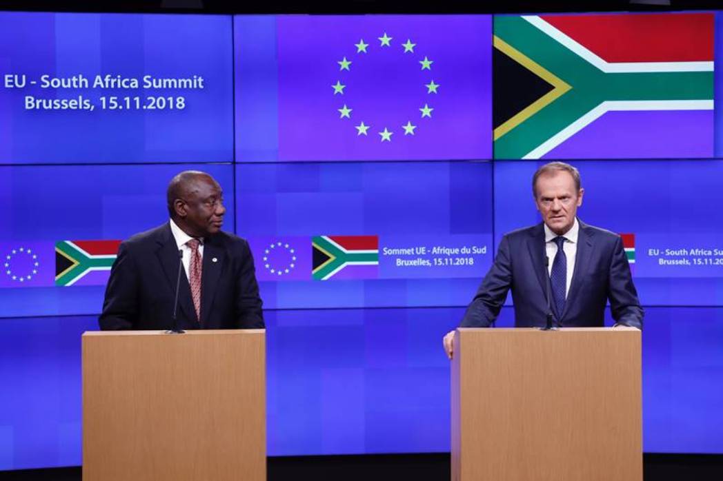 Cyril RAMAPHOSA, President of South Africa and Donald TUSK, President of the European Council. speaking at the press conference