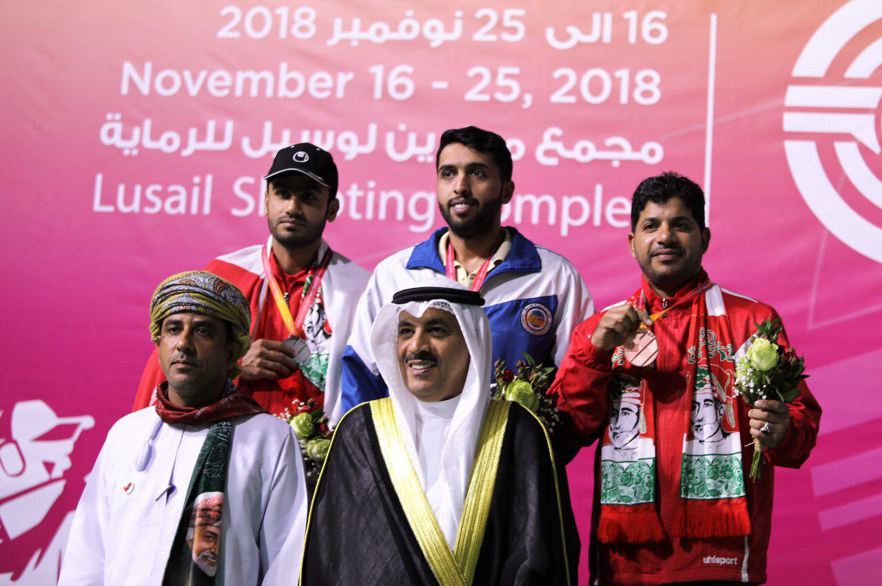 The winners in the men's 50m pistol category in the 14th Arab Shooting Championship in Doha