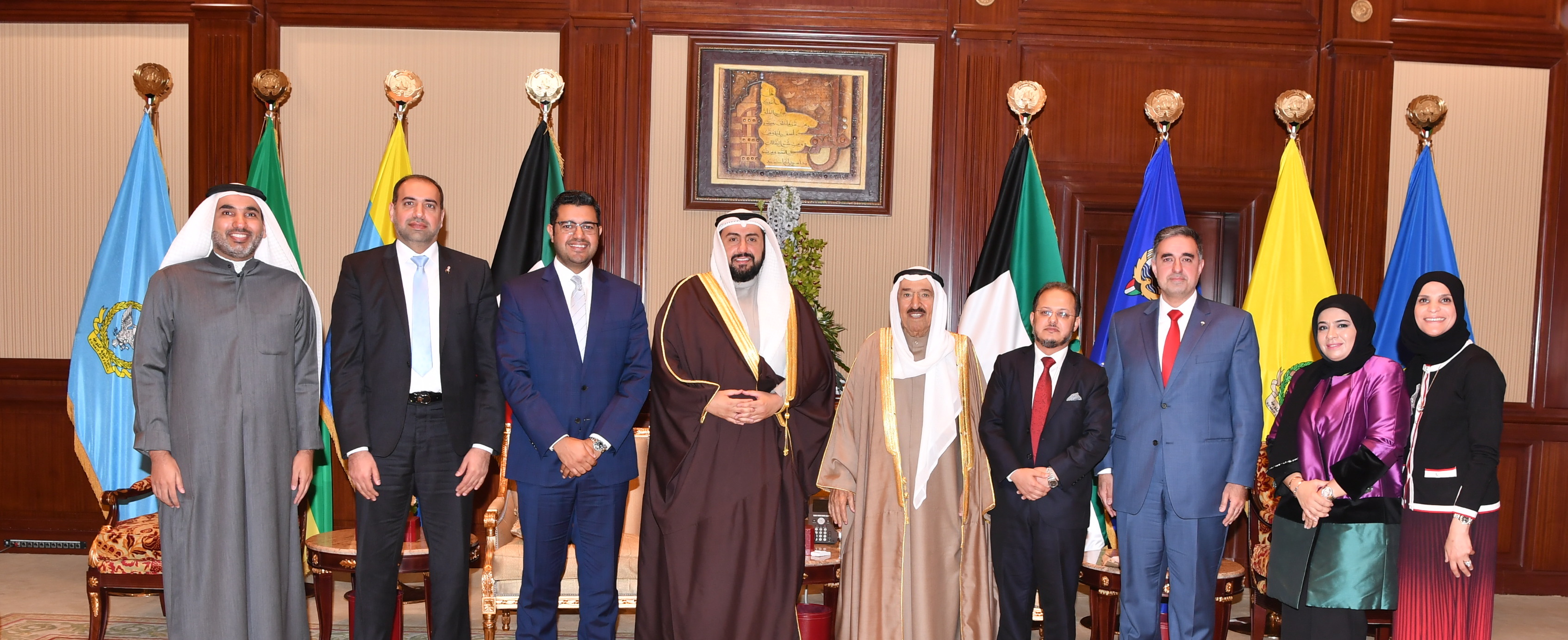 His Highness the Amir Sheikh Sabah Al-Ahmad Al-Jaber Al-Sabah meets with the president of Kuwait Medical Association (KMA) Dr. Ahmad Al-Enezi, alongside Kuwait's Health Minister Dr. Basel Al-Sabah