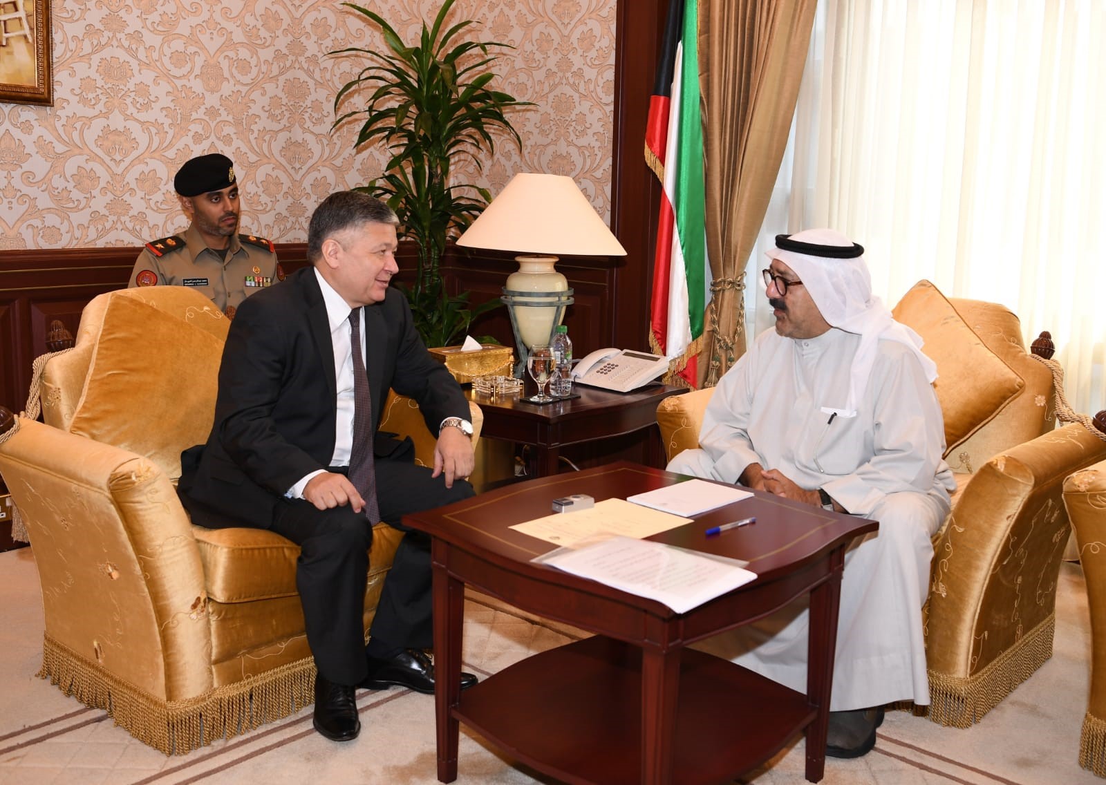 First Deputy Prime Minister and Minister of Defense Sheikh Nasser Sabah Al-Ahmad Al-Sabah receives the Uzbek Ambassador Dr. Bakhromjon Aloev