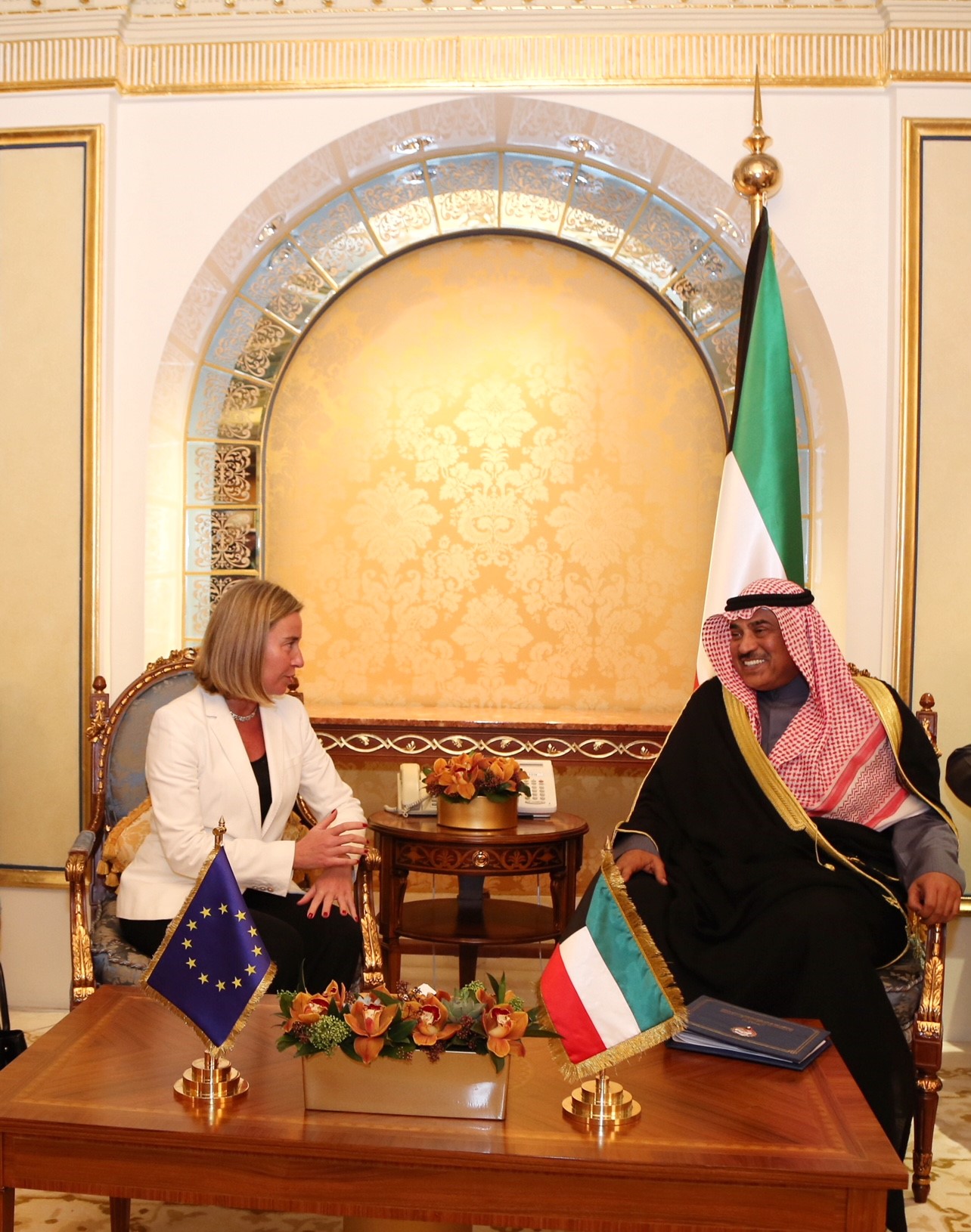 Deputy Prime Minister and Foreign Minister Sheikh Sabah Khaled Al-Hamad Al-Sabah meets EU Foreign Policy Chief and Vice President of the European Commission, Federica Mogherini