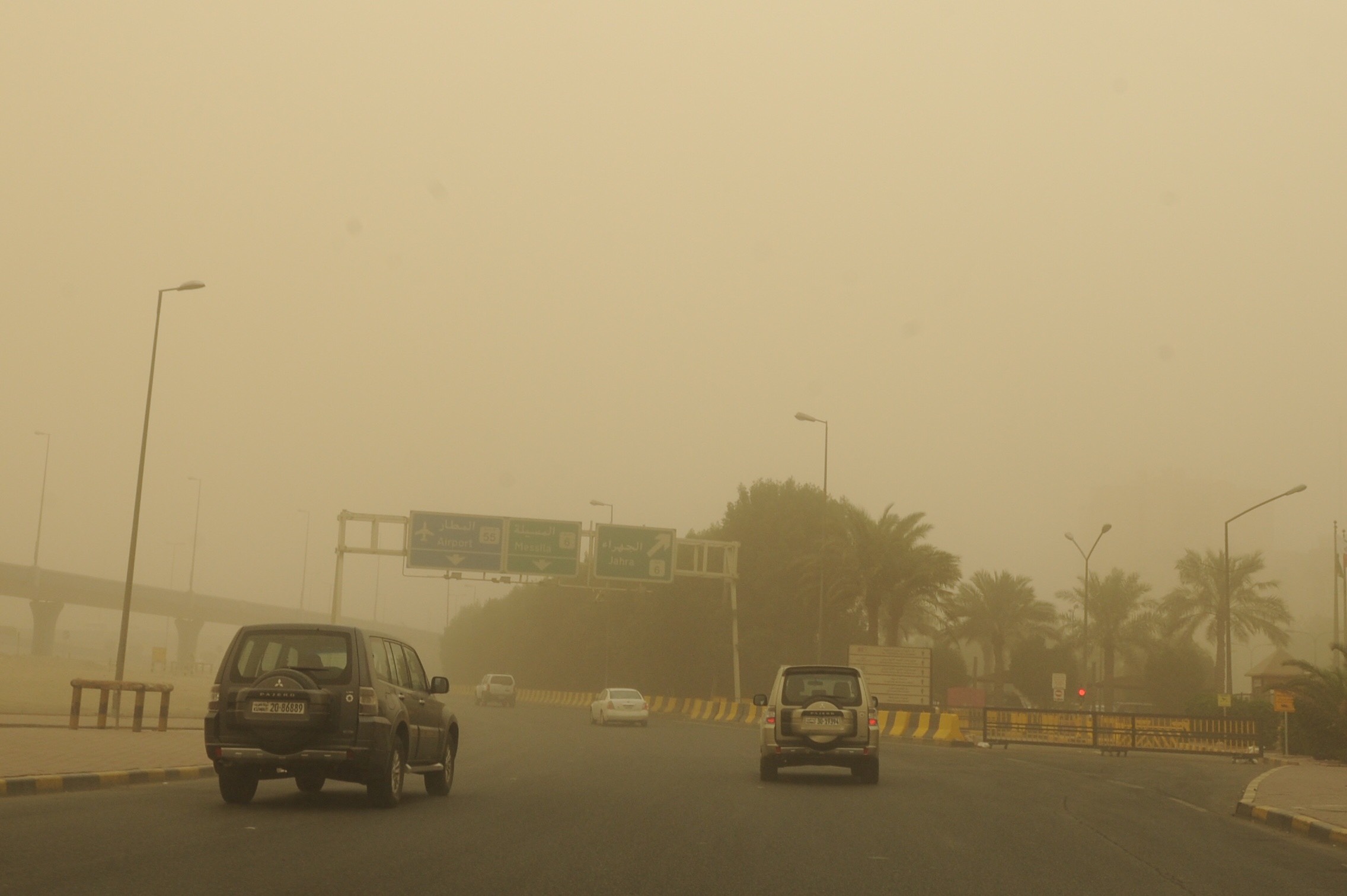 Visibility decreased due to strong winds carrying heavy dust