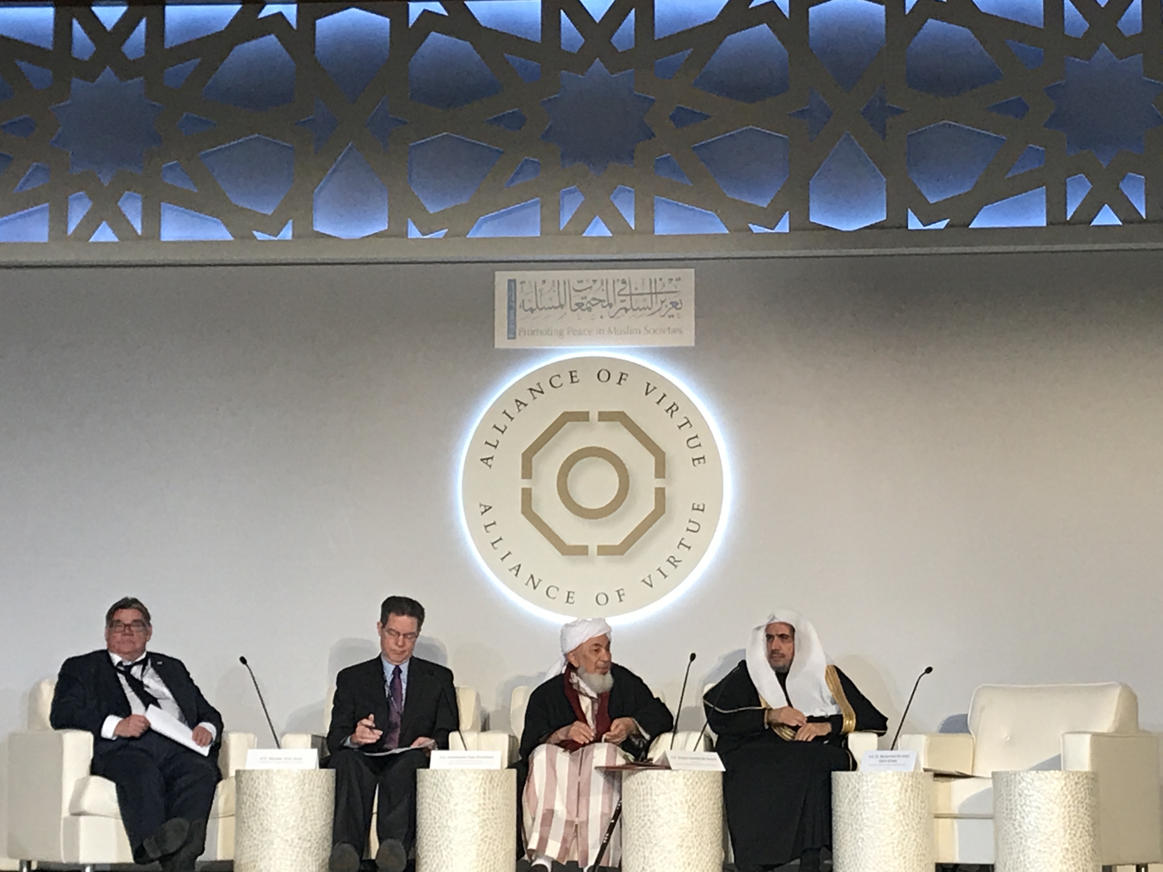 From left to right :Foreign Minister of Finland Time Soini and US Ambassador Freedom Sam Brownback and President, Sheikh Abdulllah bin Bayyah and Dr. Mohammed bin Abdulkarim Al-Issa