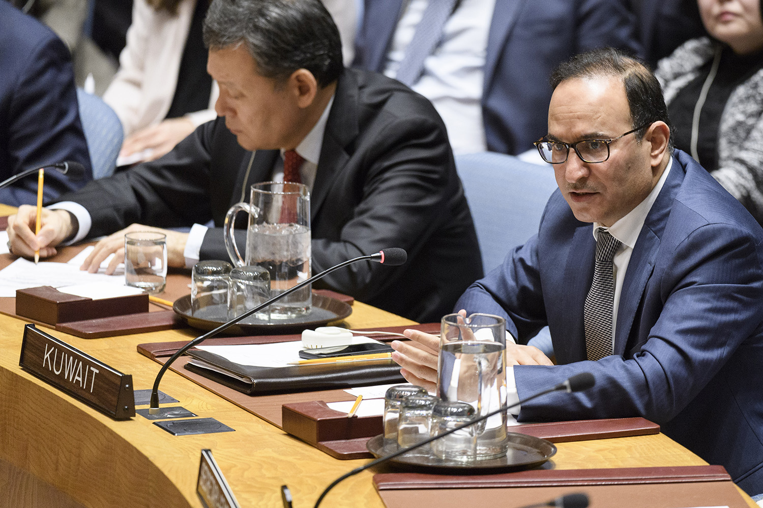 Permanent Representative of Kuwait to the United Nations Ambassador Mansour Al-Otaibi during an emergency UN Security Council session