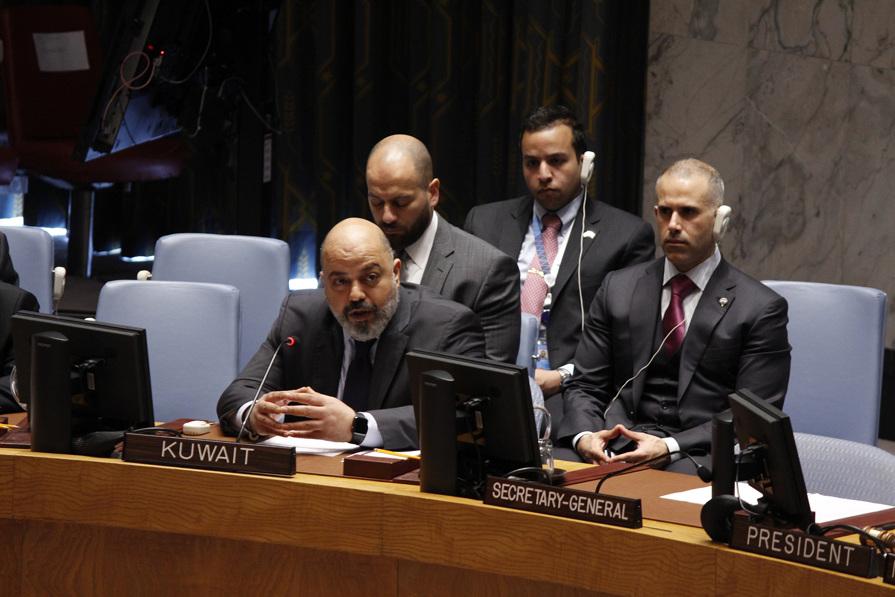 Kuwait delegate Tareq M. Al-Banai during the UN Security Council meeting on the situation in the region