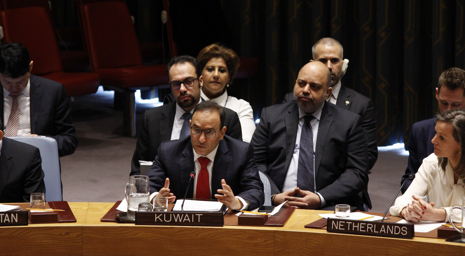 Kuwait's Permanent Delegate to the UN Ambassador Mansour Al-Otaibi speaks during the special UN Security Council session on Yemen