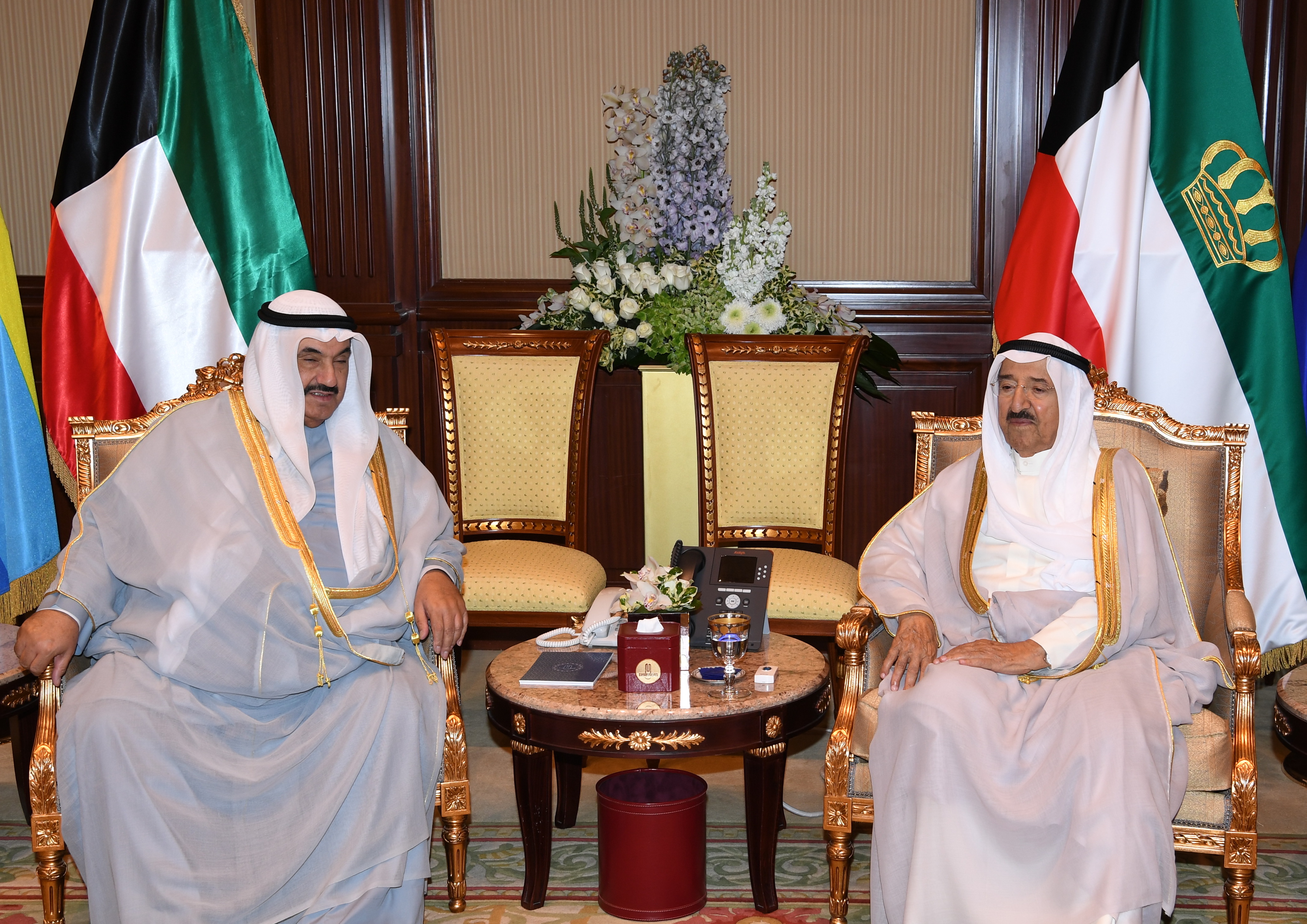 His Highness the Amir Sheikh Sabah Al-Ahmad Al-Jaber Al-Sabah receives His Highness Sheikh Nasser Al-Mohammad Al-Ahmad Al-Sabah