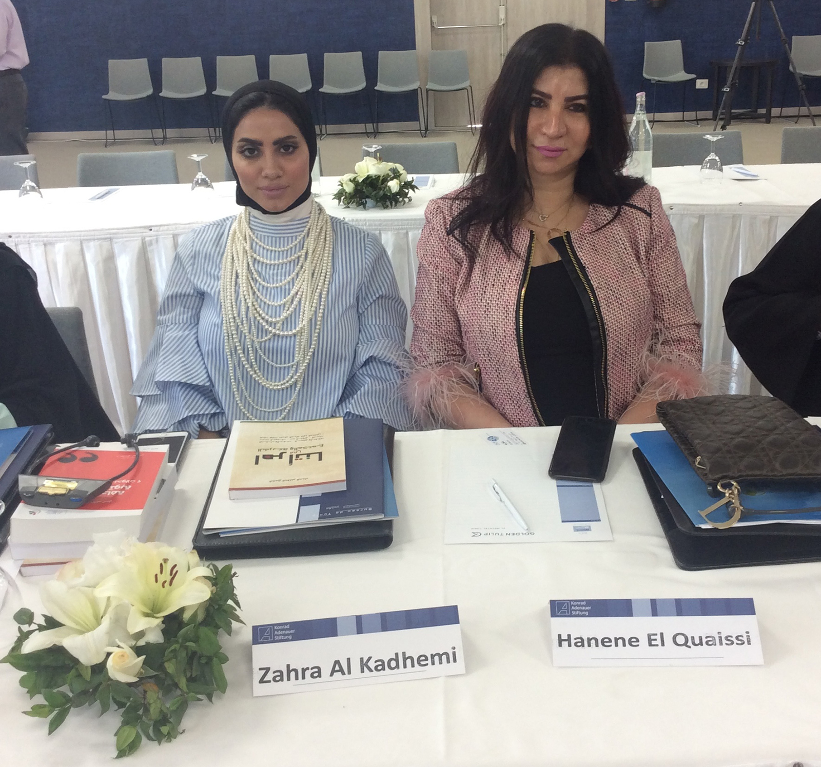 President of KUNA Follow up and Coordination Office Hanan Al-Qaisi and Zahra AL-Kazmi during a seminar regarding woman working as decision-makers in Arab news agencies