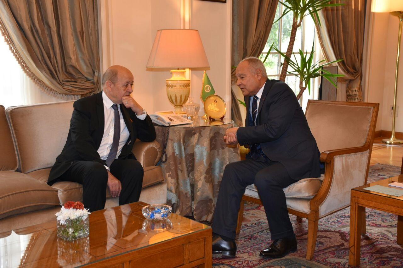 French Foreign Minister Jean-Yves Le Drian during a meeting with Arab League Secretary General Ahmad Abul-Gheit