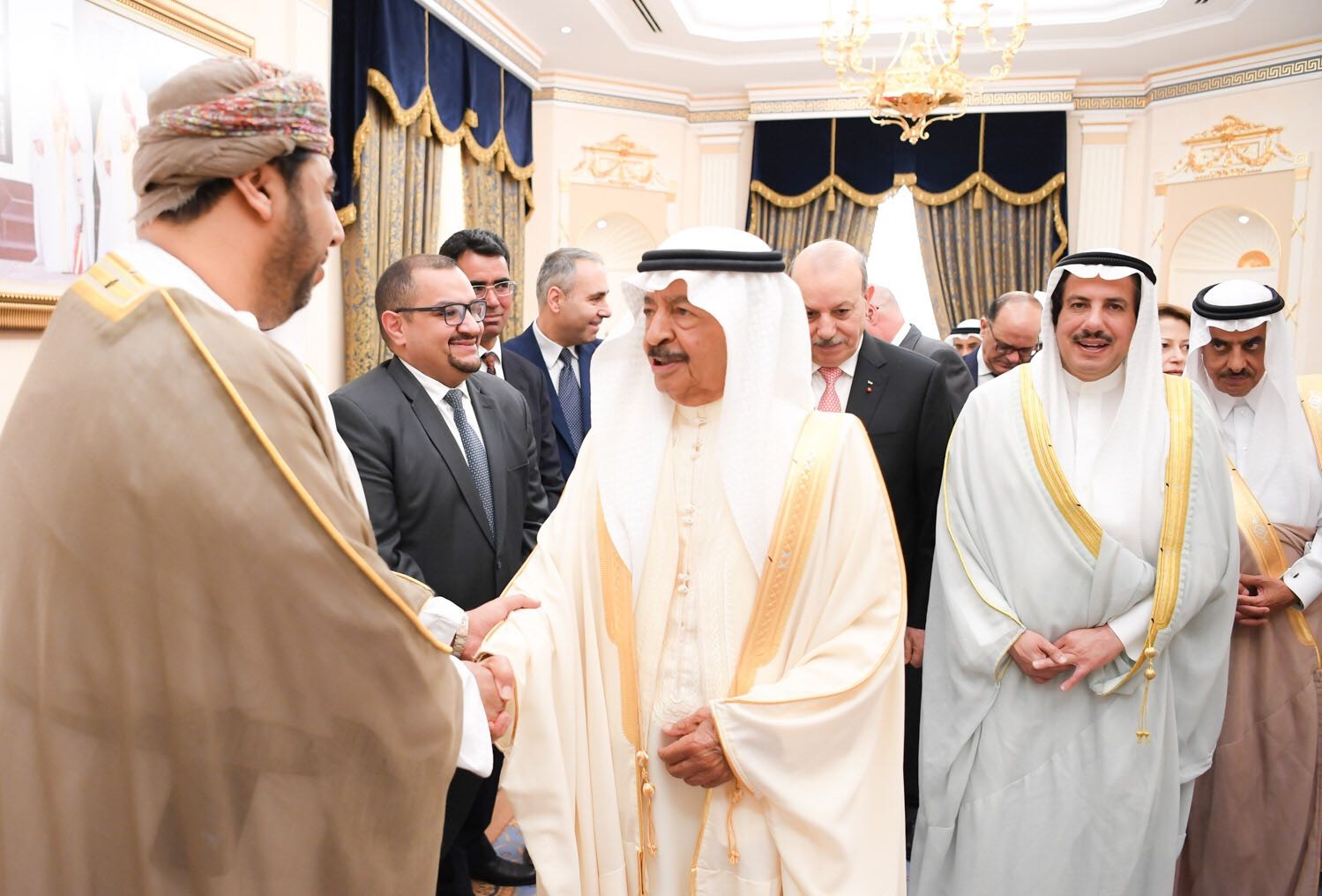 Bahraini Prime Minister Prince Khalifa bin Salman Al-Khalifa receives Arab diplomats, led by the dean of the diplomatic corps and the State of Kuwait Ambassador, Sheikh Azzam Mubarak Al-Sabah