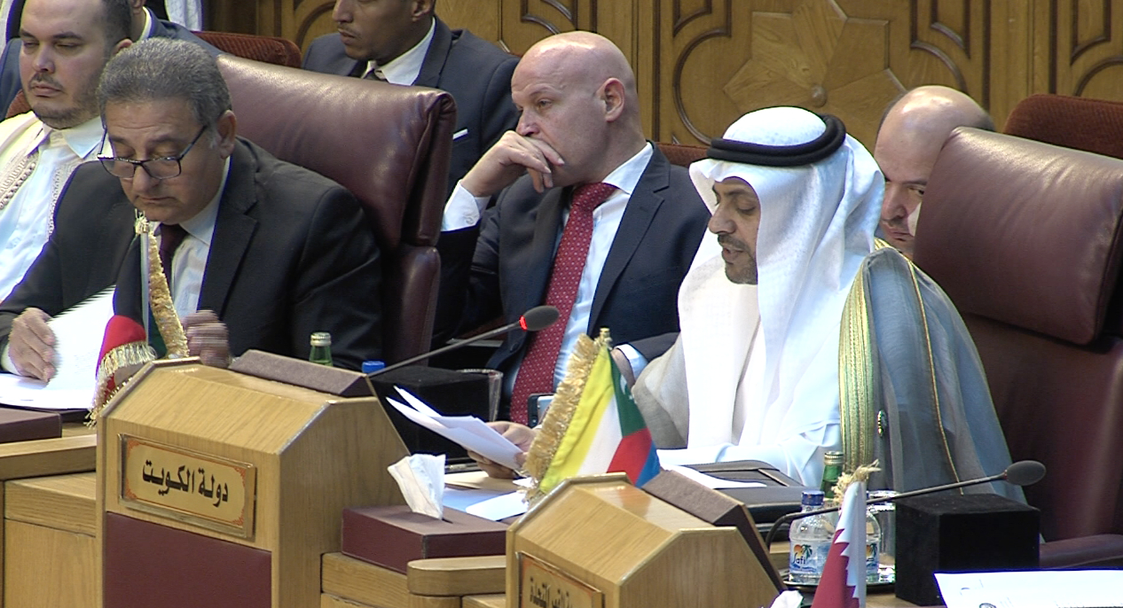 Kuwaiti Minister of Information Mohammad Al-Jabri addresses the Council of Arab Ministers of Youth and Sports