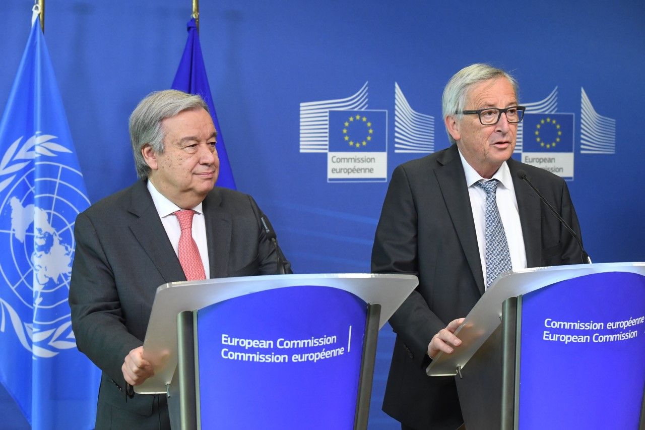 UN Secretary General Antonio Guterres and the President of the European Commission Jean-Claude Juncker speaking at the press confernce