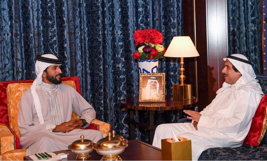 The representative of Bahraini King for Charity Work and Youth Affairs Sheikh Nasser bin Hamad Al Khalifa receives Dean of the Diplomatic Corps, Kuwaiti Ambassador to Bahrain Sheikh Azzam Mubarak Al-Sabah