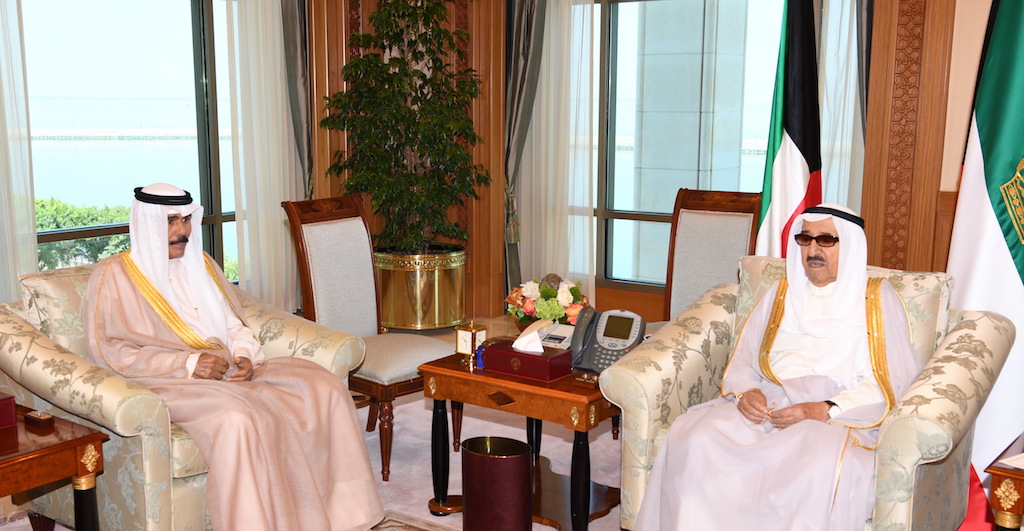 His Highness the Amir Sheikh Sabah Al-Ahmad Al-Jaber Al-Sabah receives  His Highness the Crown Prince Sheikh Nawaf Al-Ahmad Al-Jaber Al-Sabah.