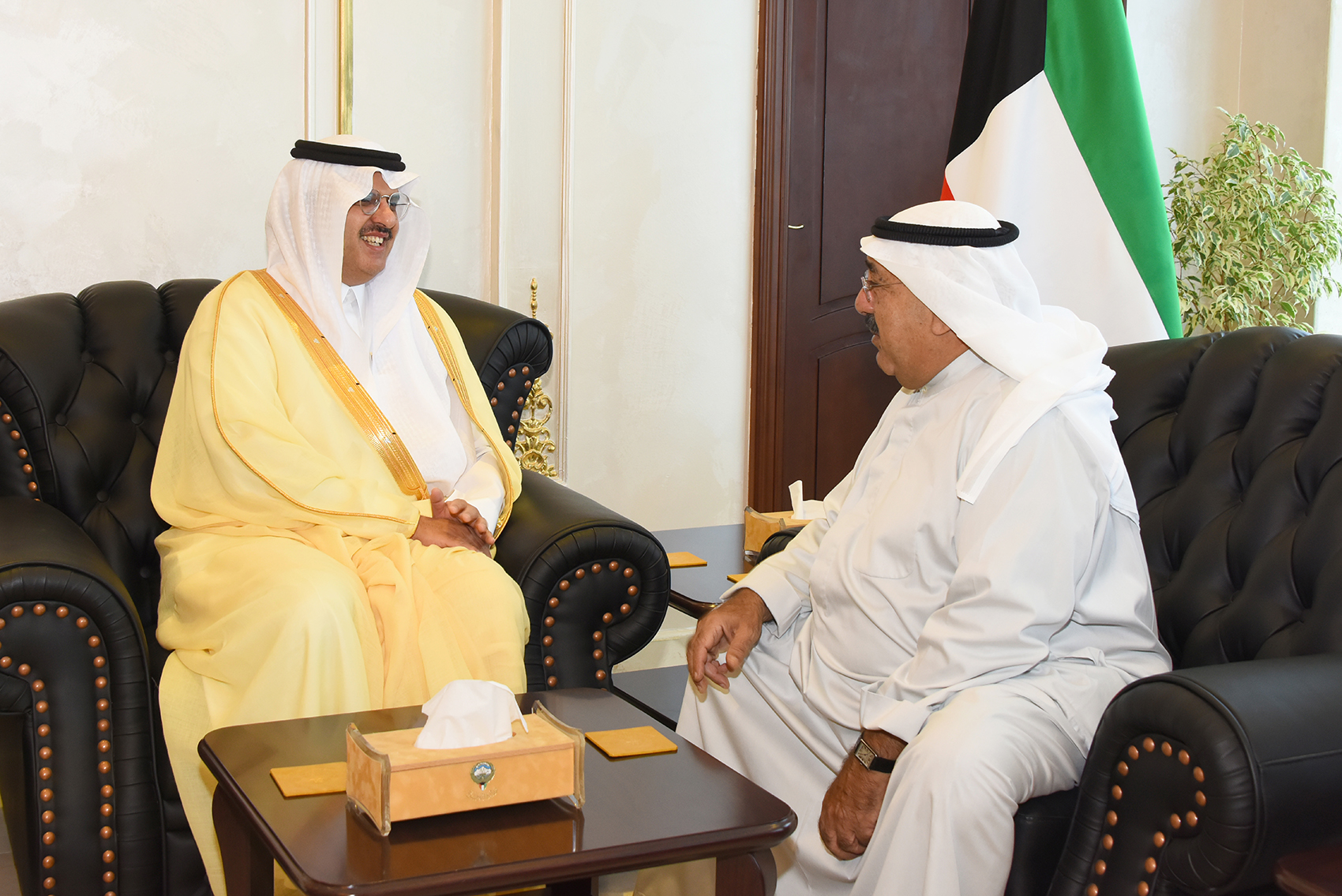 First Deputy Prime Minister and Minister of Defense Sheikh Nasser Sabah Al-Ahmad Al-Sabah receives the newly-appointed Saudi Ambassador Prince Sultan bin Saad bin Khaled Al-Saud