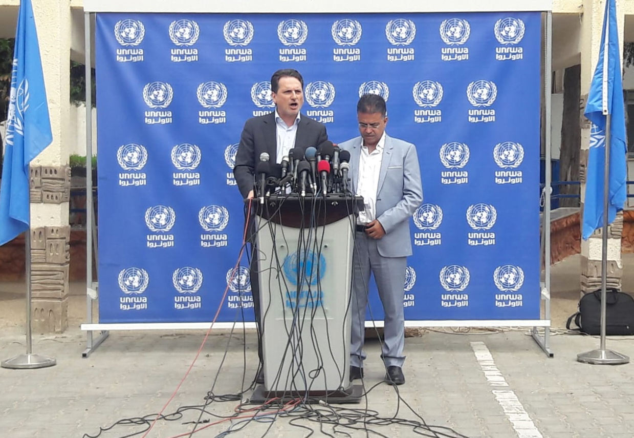UNRWA's Commissioner Pierre Krahenpuhl at a press conference in Gaza