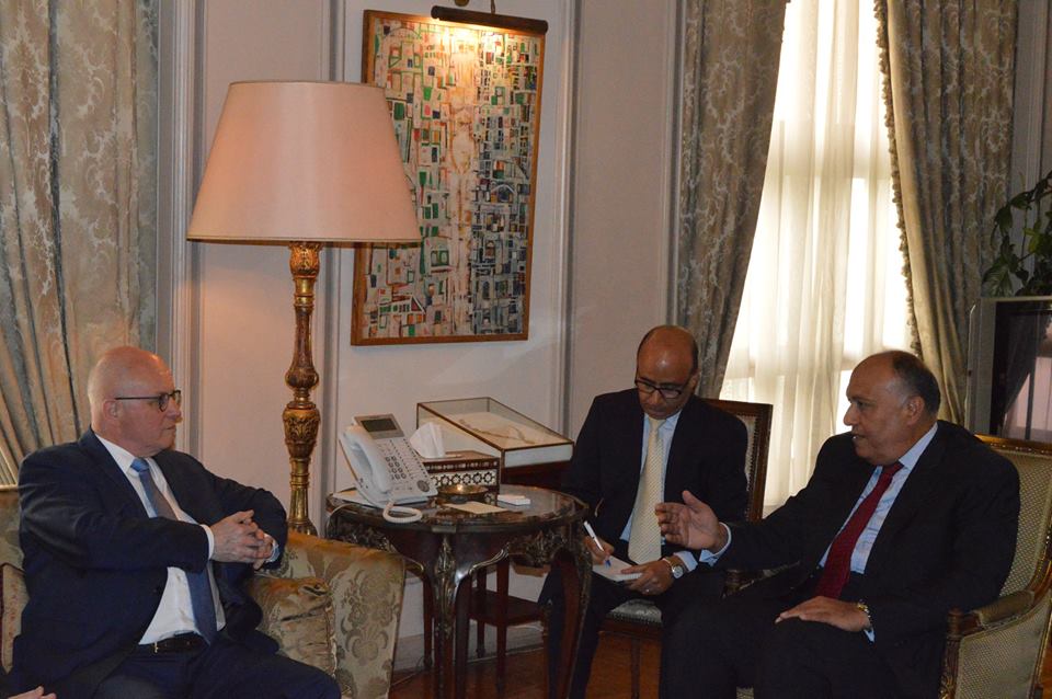وزير الخارجية المصري سامح شكري خلال لقائه مع زعيم الأغلبية بالبرلمان الألماني فولكر كاودر