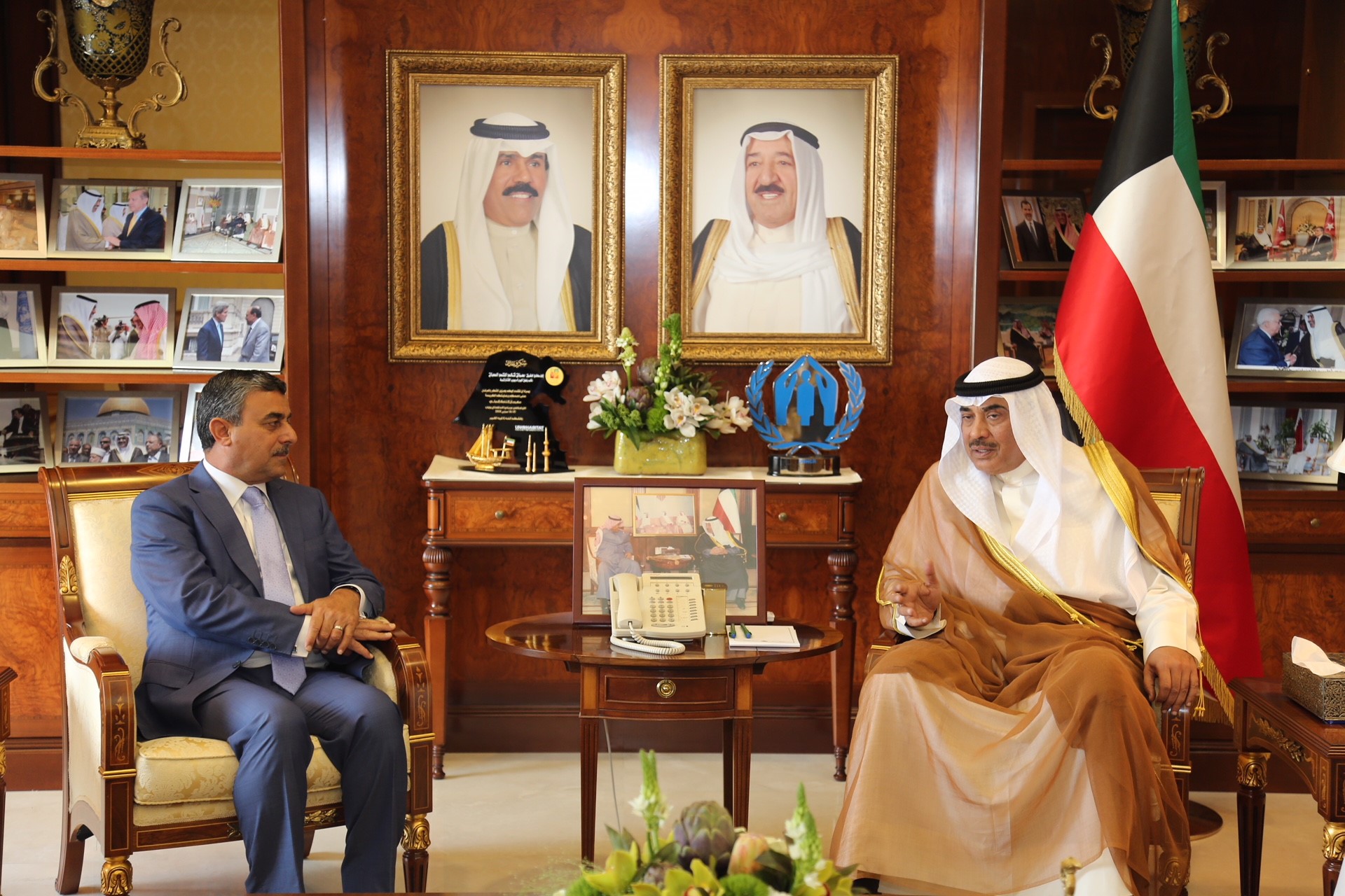 Minister of Foreign Affairs Sheikh Sabah Al-Khaled Al-Hamad Al-Sabah receives Iraq's Cabinet Secretary General Mahdi Al-Alaq, and head of the Reconstruction Fund of Areas Affected by Terrorist Operations Dr. Mustafa Al-Hiti.