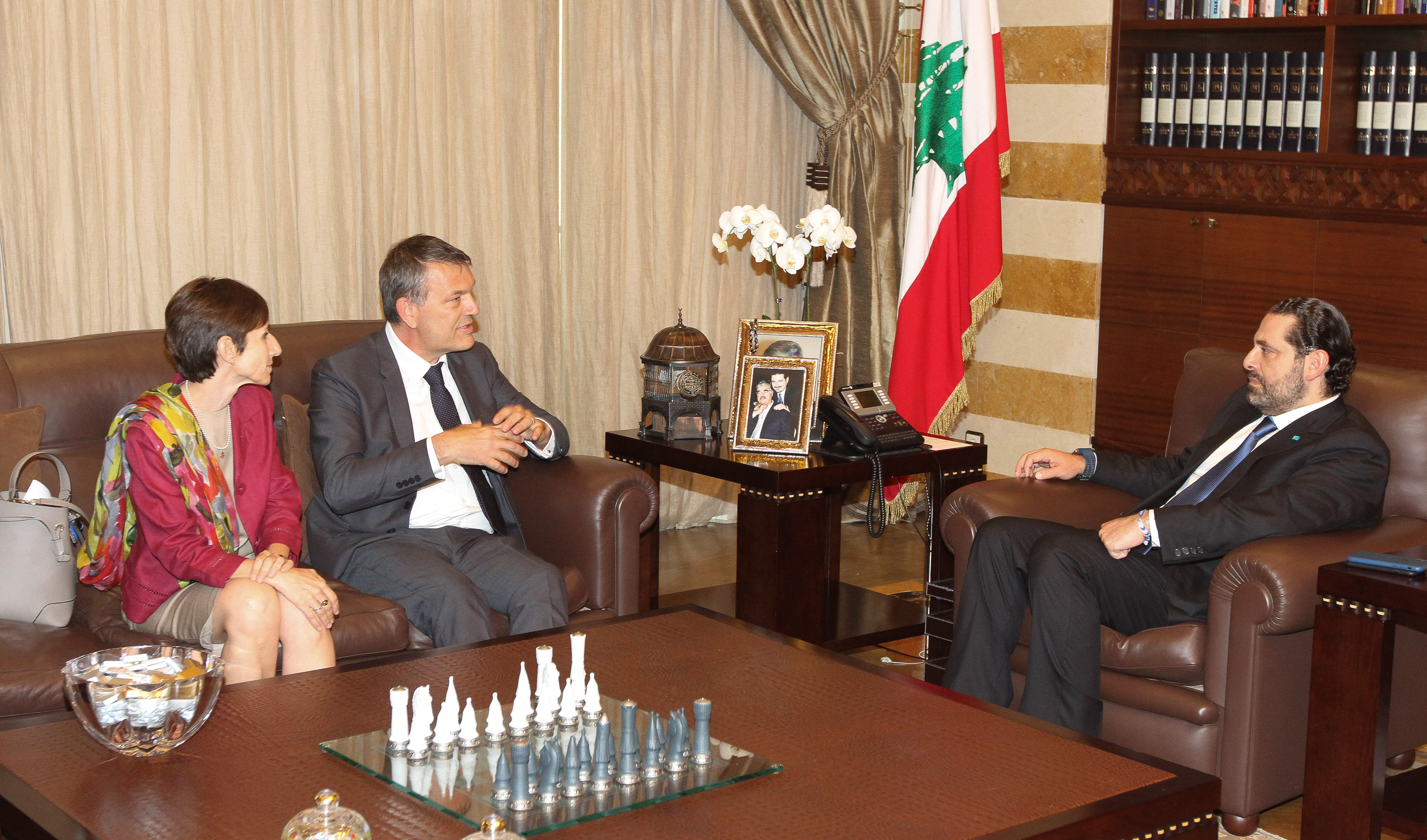 Lebanon's Prime Minister-designate Saad Al-Hariri with UN Resident and Humanitarian Coordinator in Lebanon Philippe Lazzarini and UNHCR representative Mireille Girard