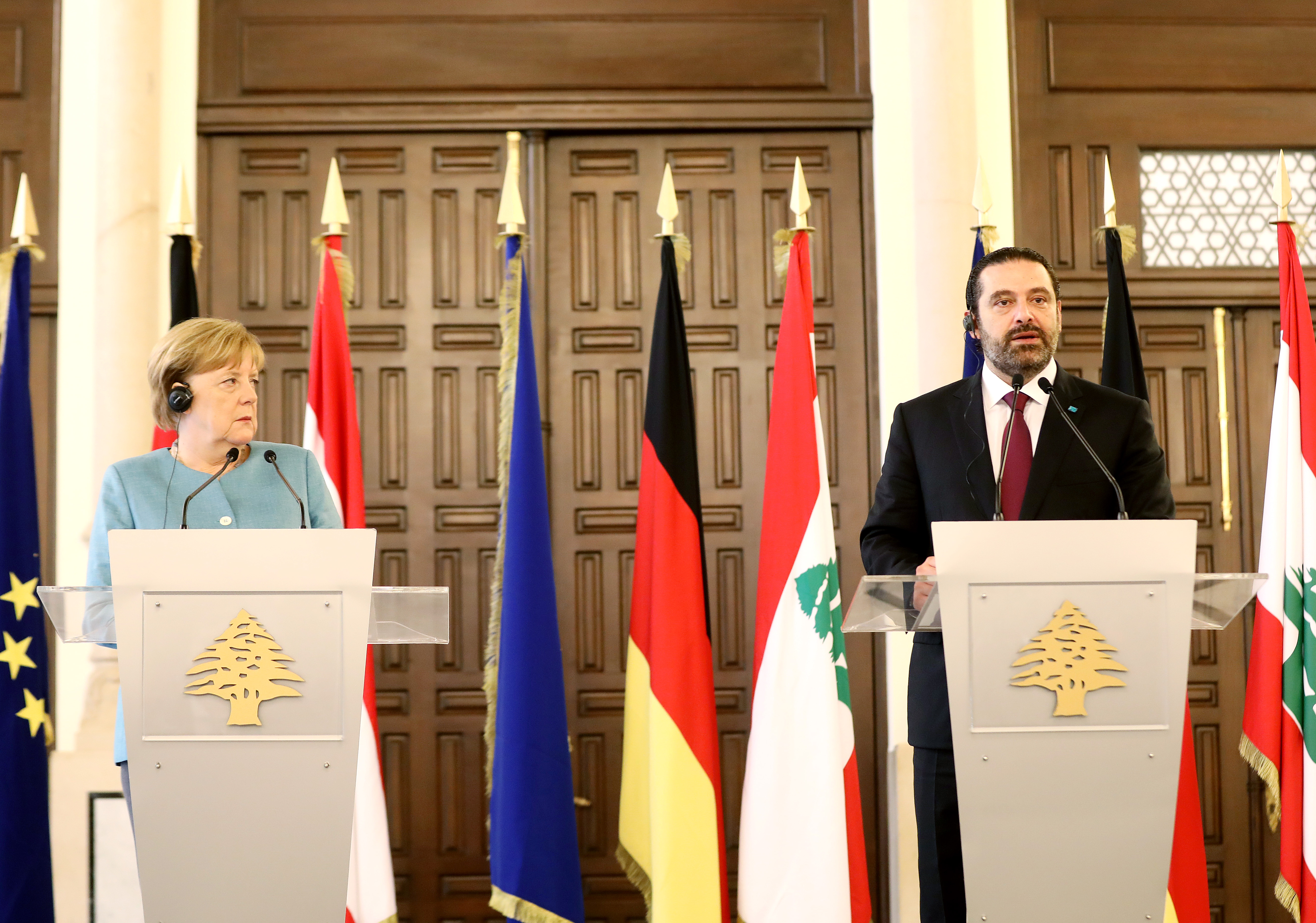 Germany's Chancellor Angela Merkel during the joint press conference with Prime Minister-designate Saad Al-Hariri