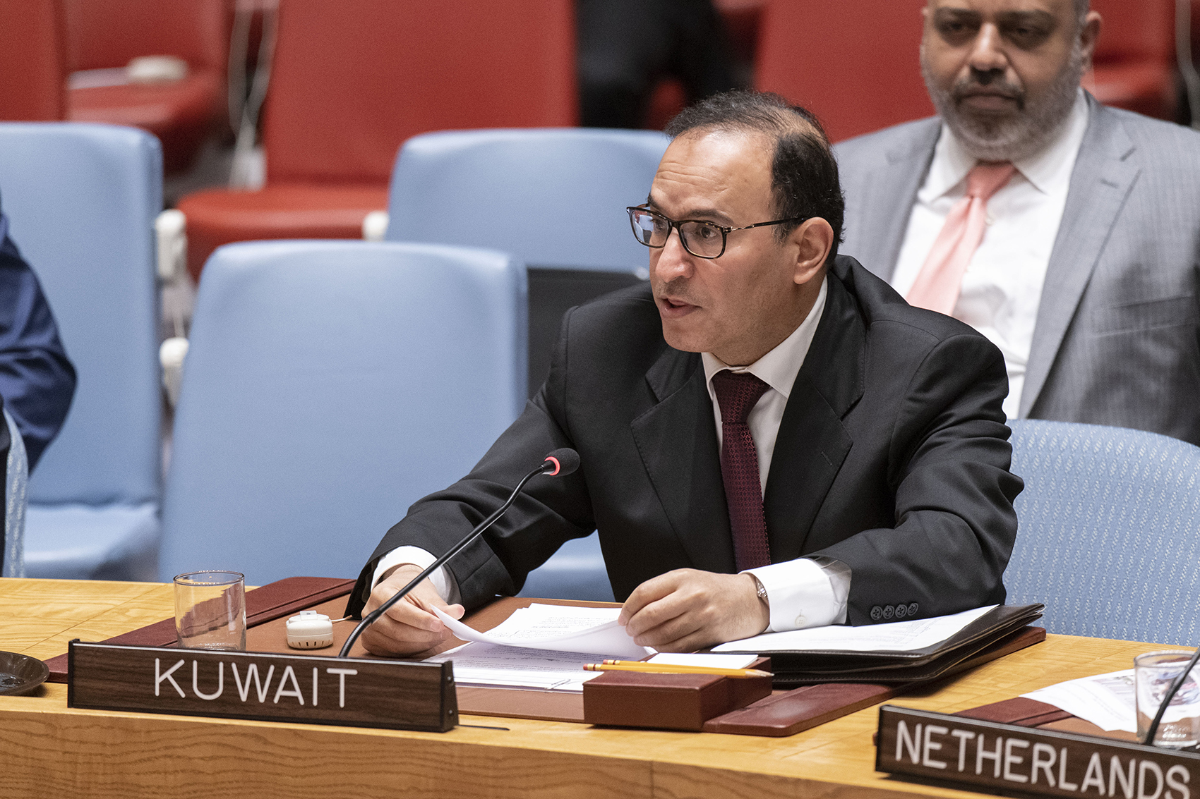 Kuwait's Permanent Representative to the UN Ambassador Mansour Al-Otaibi addresses the special UN Security Council session on the latest developments in Afghanistan