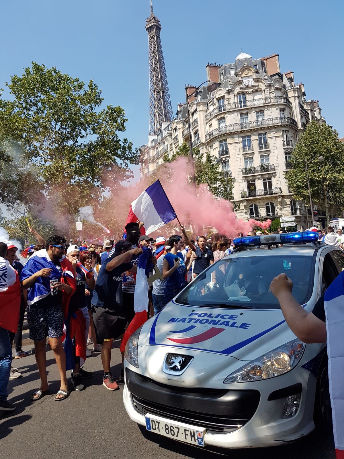 French security forces scattered around the streets of Paris to maintain the safety of people celebrating the World Cup finale today