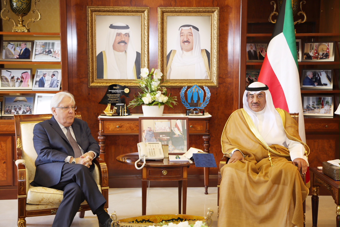 Acting Prime Minister and Minister of Foreign Affairs Sheikh Sabah Al-Khaled Al-Hamad Al-Sabah receives United Nations Special Envoy to Yemen Martin Griffiths