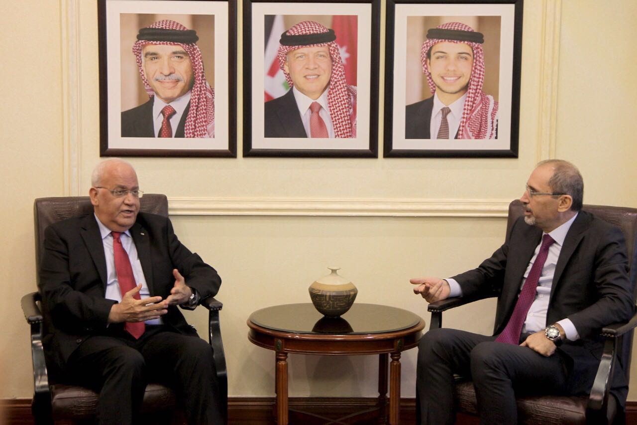 Jordanian Foreign Minister Ayman Al-Safadi and secretary general of the Executive Committee of the Palestine Liberation Organization (PLO) Saeb Erekat