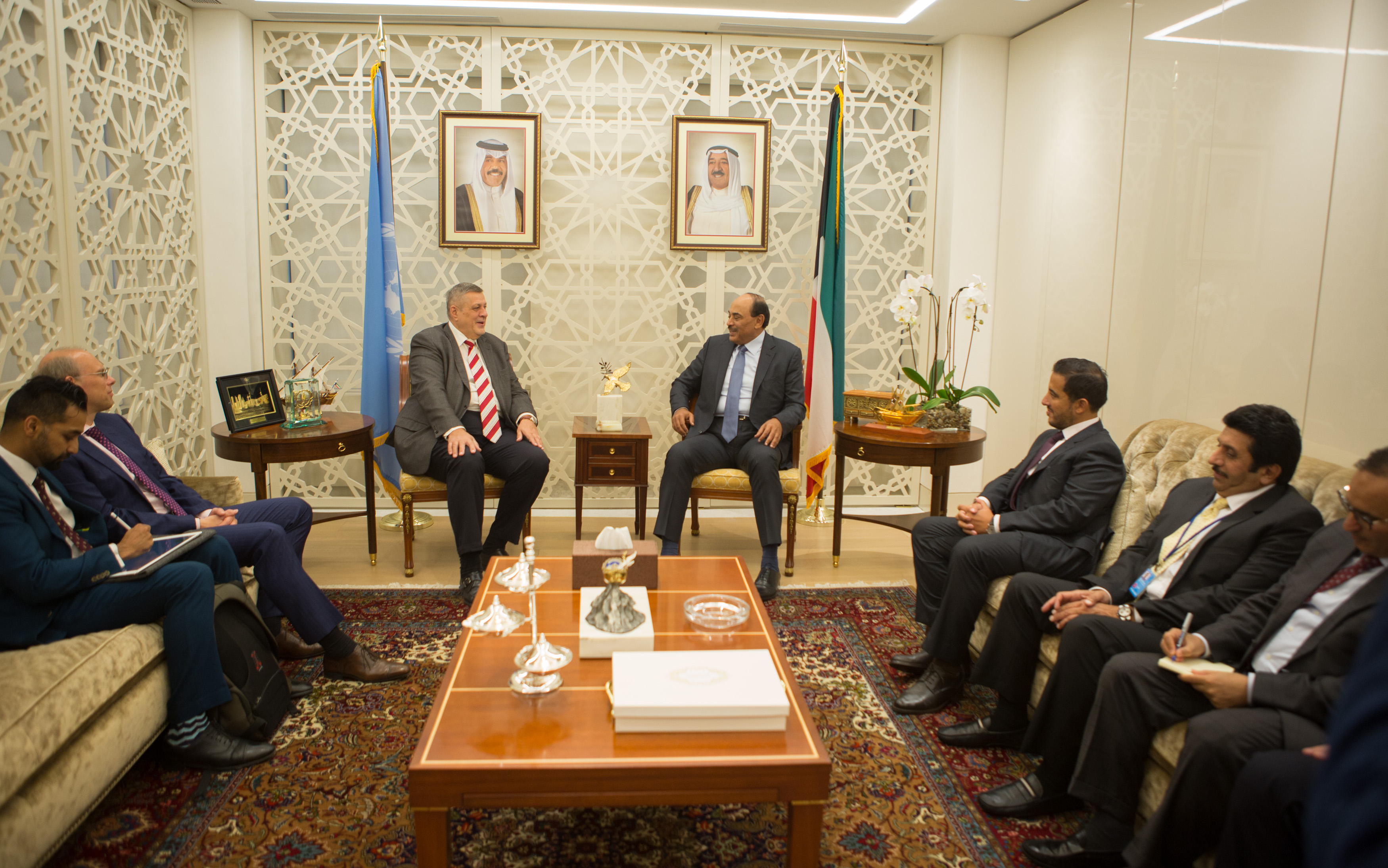 Kuwait's Deputy Prime Minister and Foreign Minister Sheikh Sabah Khaled Al-Hamad Al-Sabah meets the United Nations' special representative and head of its mission to Iraq (UNAMI) Jan Kubis